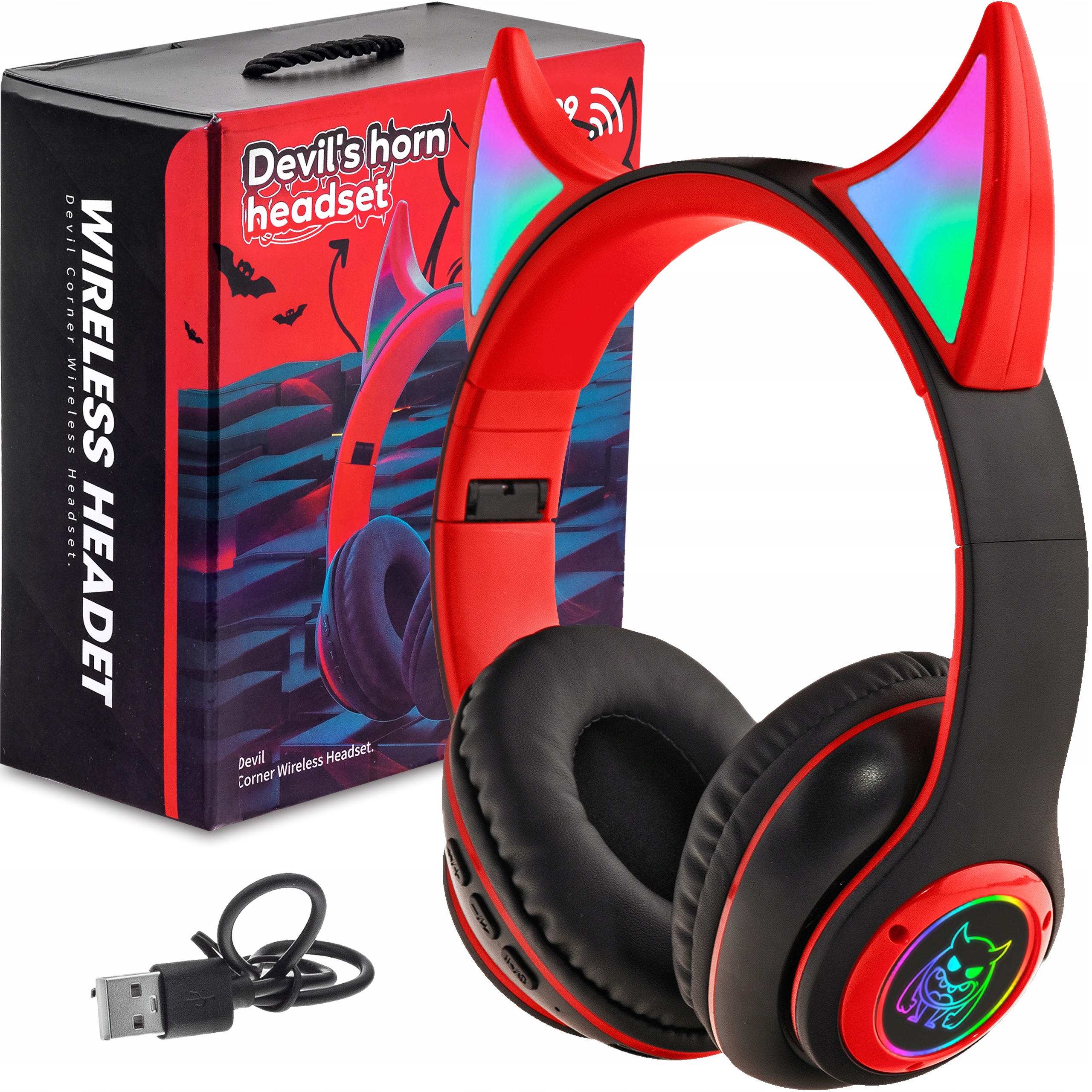 SŁUCHAWKI BEZPRZEWODOWE GAMINGOWE BLUETOOTH LED RGB ŚWIECĄCE ROGI DEVIL