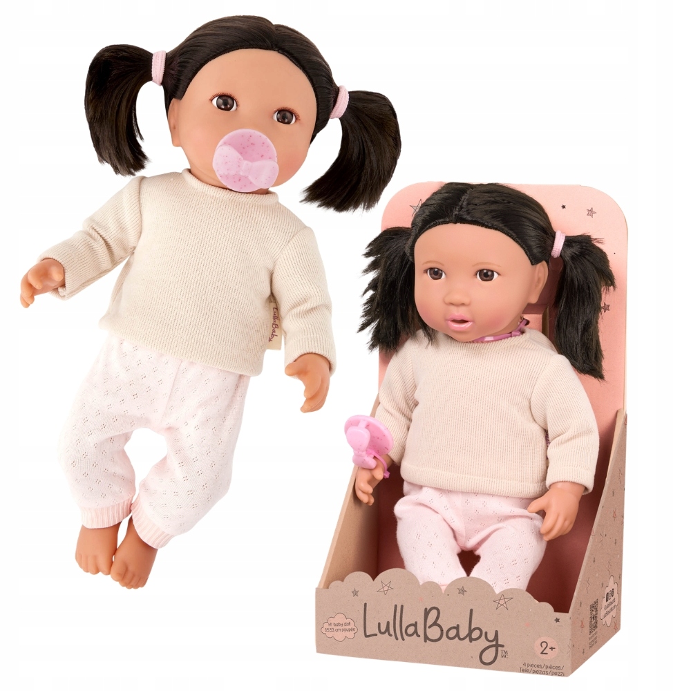 Lalka ze smoczkiem LullaBaby brunetka w dwuczęściowym ubranku