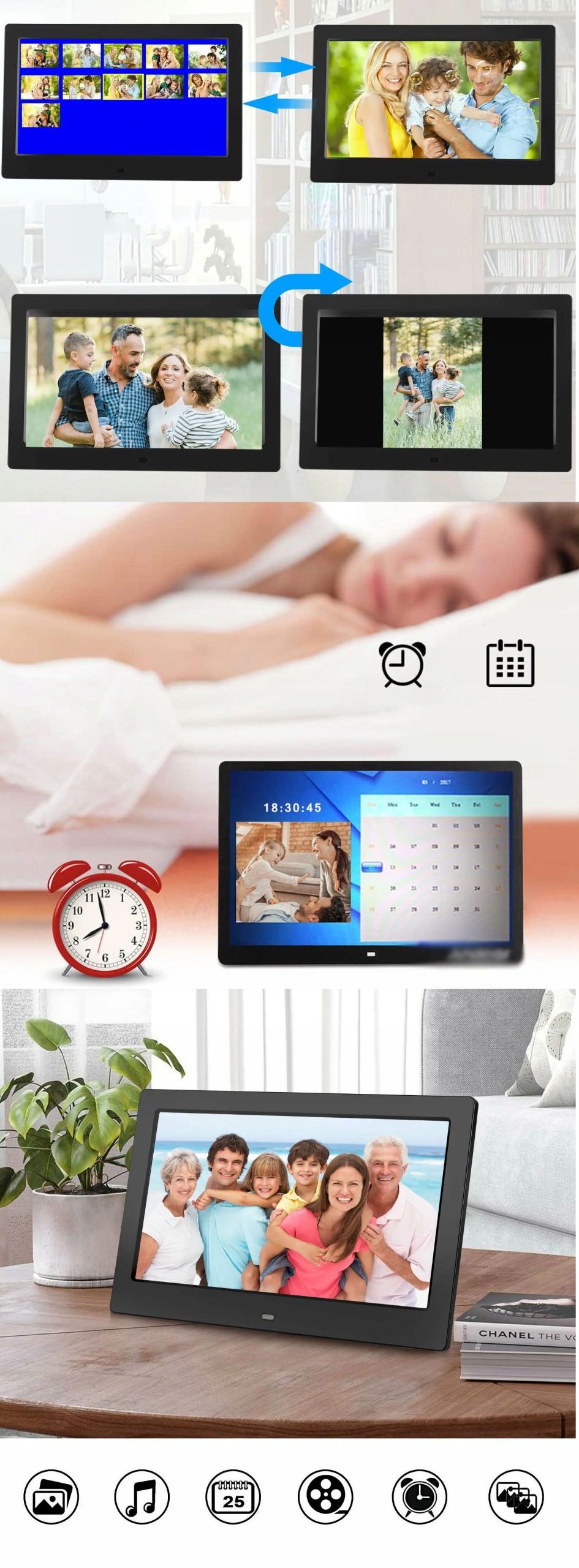 RAMKA CYFROWA NA ZDJĘCIA HD 10 CALI LED FOTORAMKA PILOT MUZYKA FILM PREZENT Złącza audio 3,5 mm USB