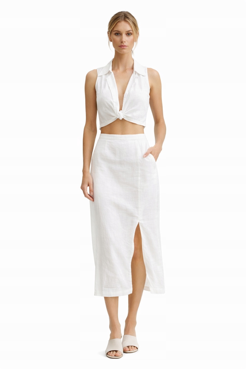 Bílý Lněný Komplet Top S Límcem A Sukně M 1I4A