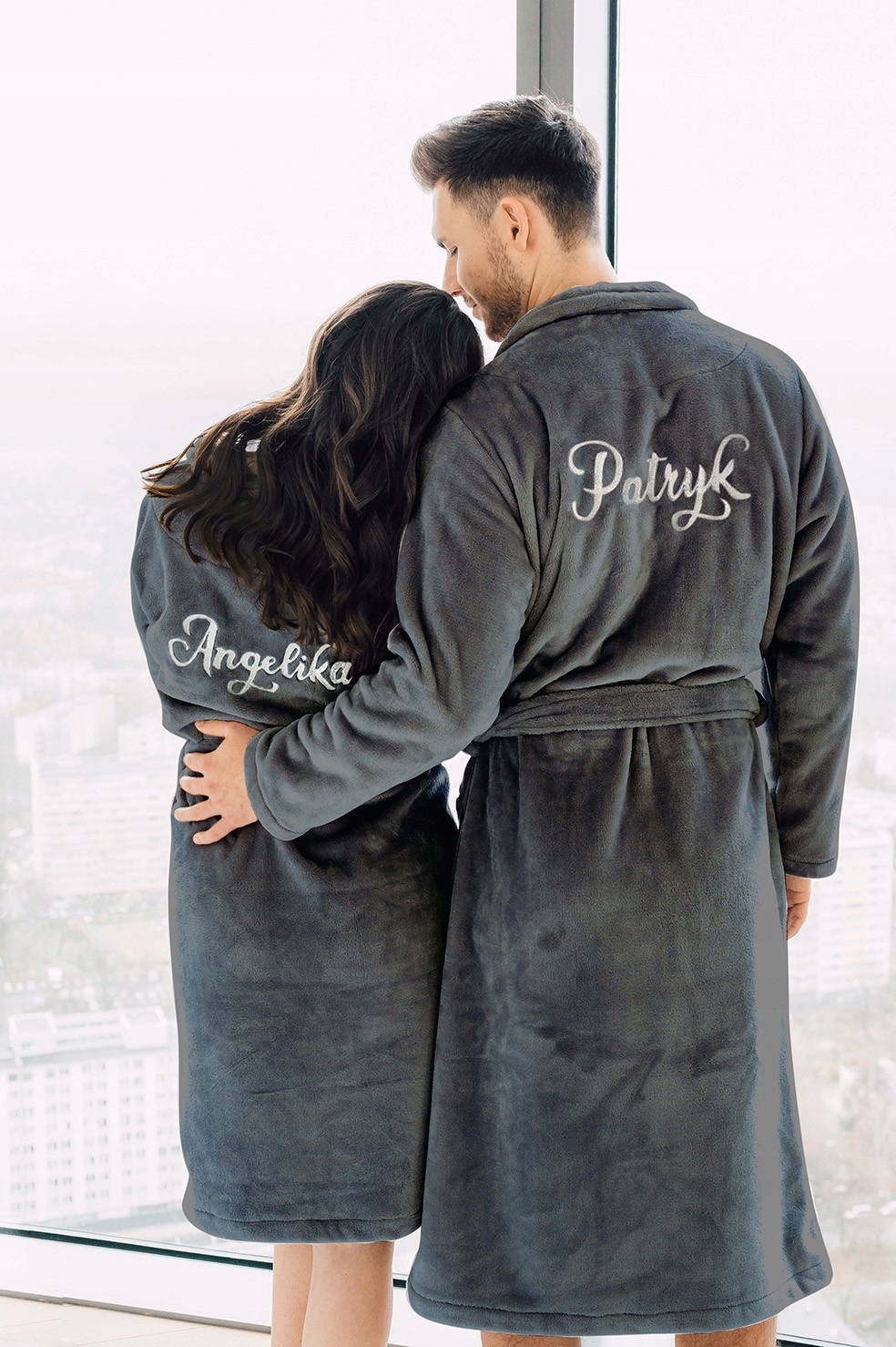 Sada vyšívaných županů, vánoční dárek pro páry grafit teplá, silná