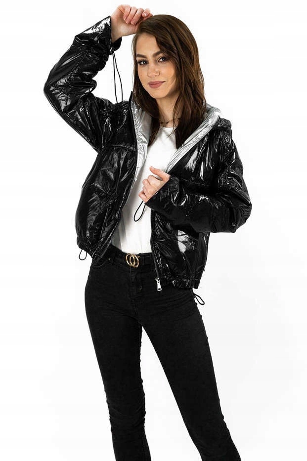 Lesklá Bunda S Kapuce B9560 Černá L (40)