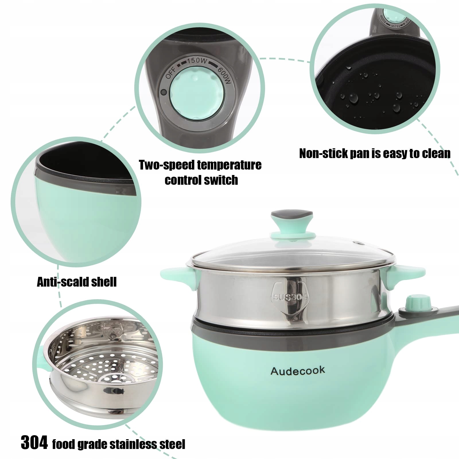 AUDECOOK Elektryczny Garnek Z Parowarem 1,5L Patelnia Antyadhezyjna — miniatura 2