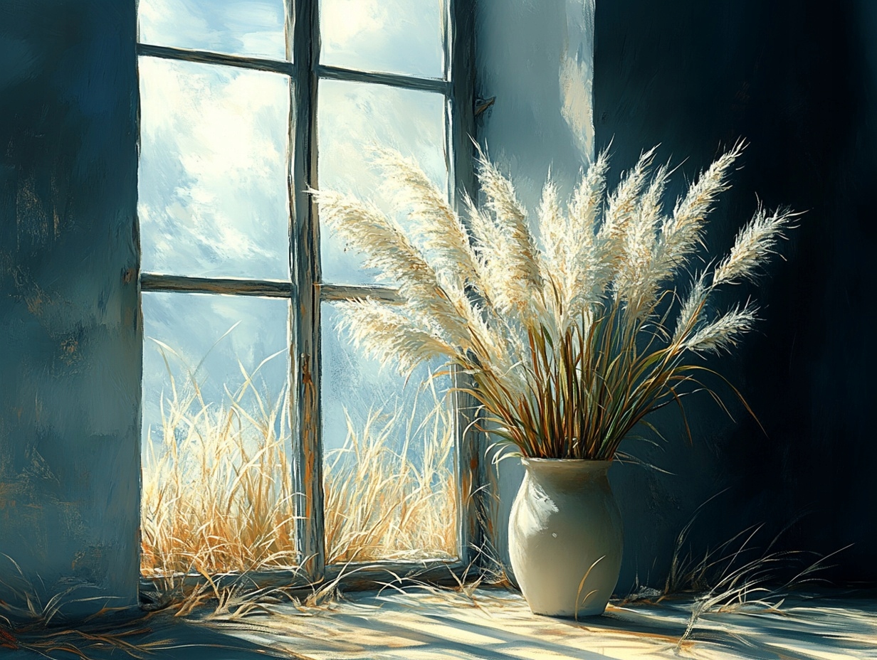 Obraz Na Plátně Canvas Dekorace Okno Tráva Ozdobná Pampasová Váza 80x60