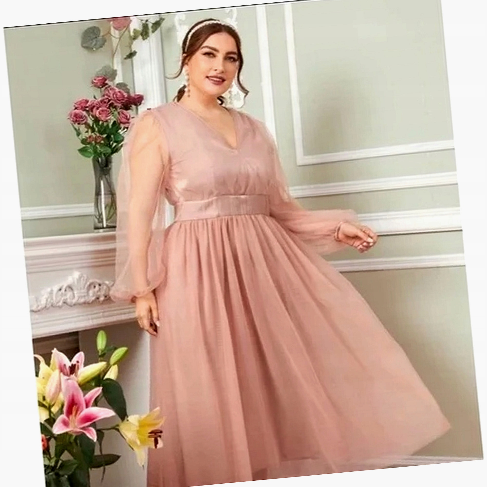 Šaty Dusty Pink Lesklá Z Tiulu na kotníky Dámská XL 42