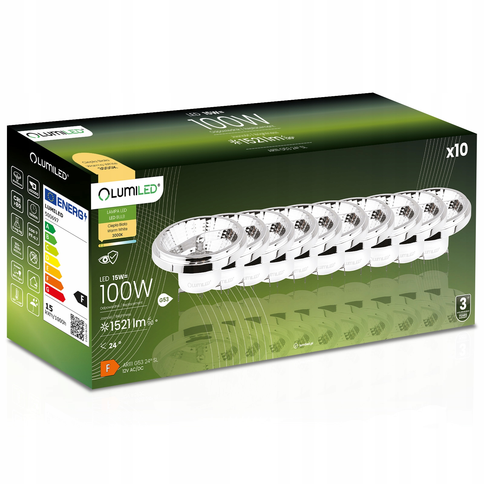 10x Led žiarovka G53 AR111 15W 100W 1521lm 3000K 24° 12V strieborná Lumiled