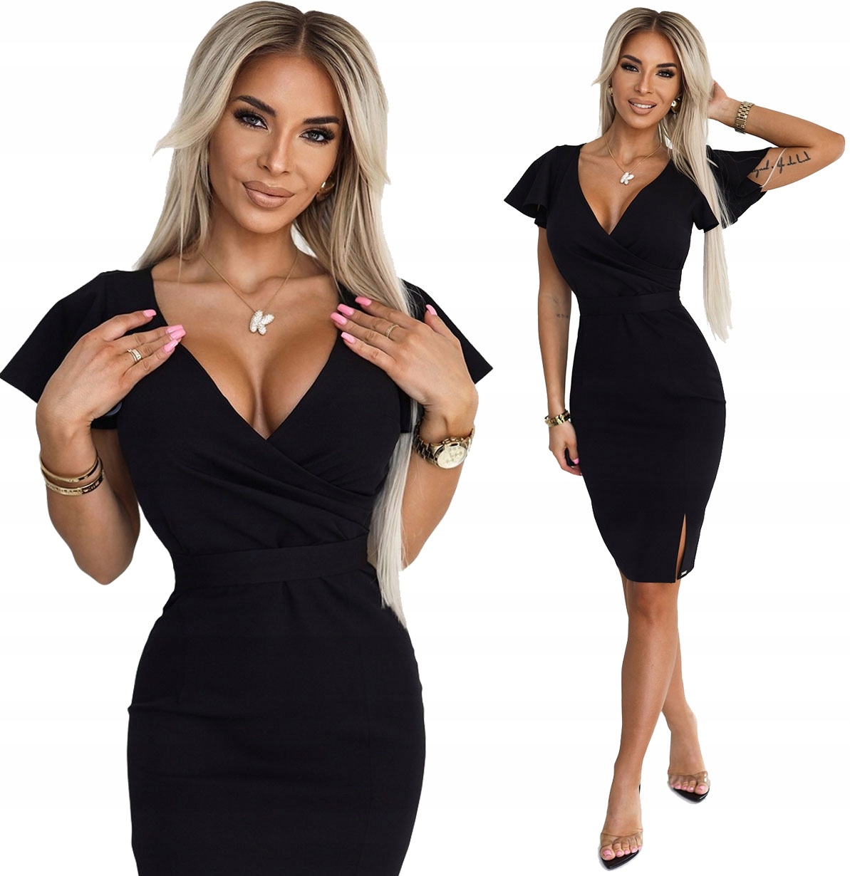 Krásné Ženské Šaty S Krátkým Rukávem A Rozparkem, Černá S