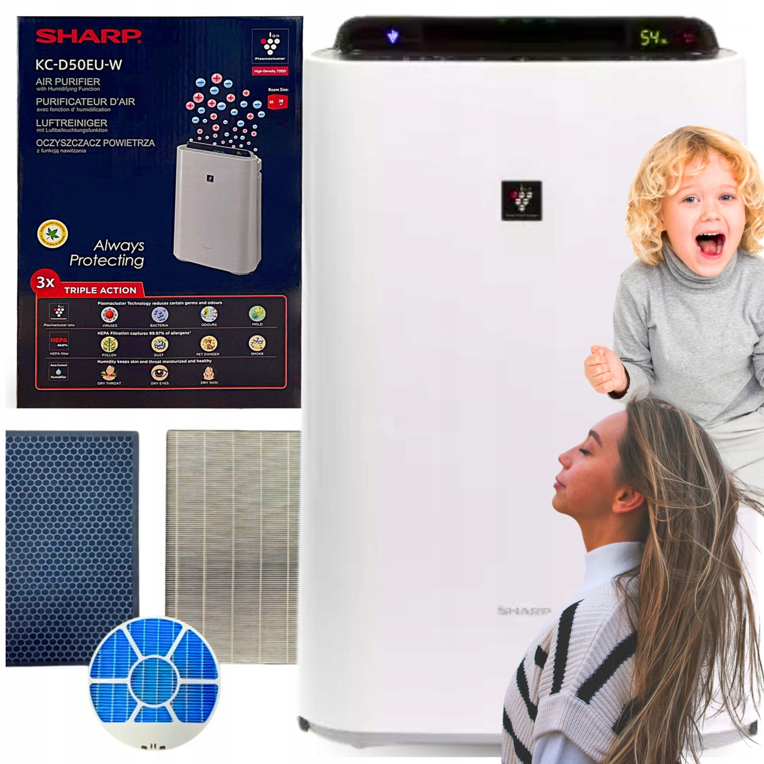 Sharp Oczyszczacz Powietrza z Nawilżaczem i Jonizacją KC-D50EUW Hepa Cichy