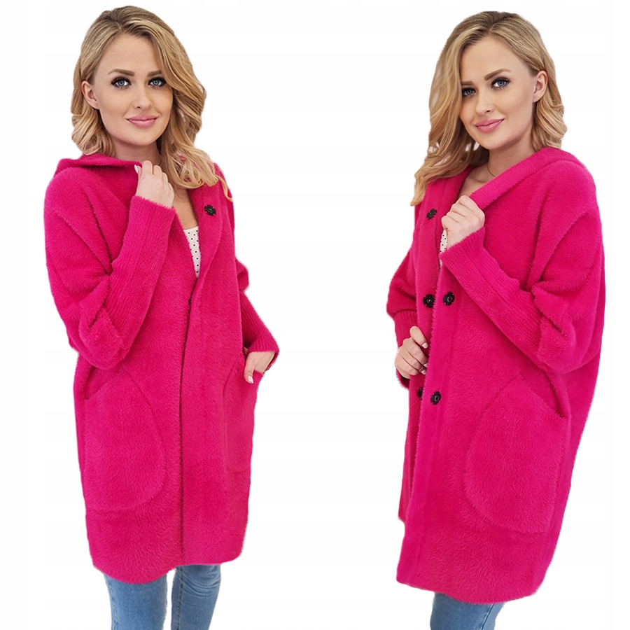 Kabát Alpaka Kapuce Vlna Barvy Oversize Fuchsiová