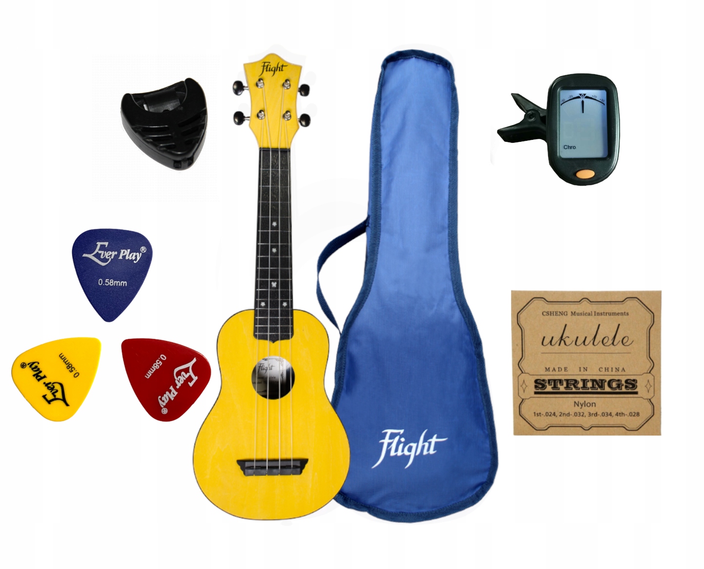 Sopránové ukulele Žluté Flight Plast Příslušenství