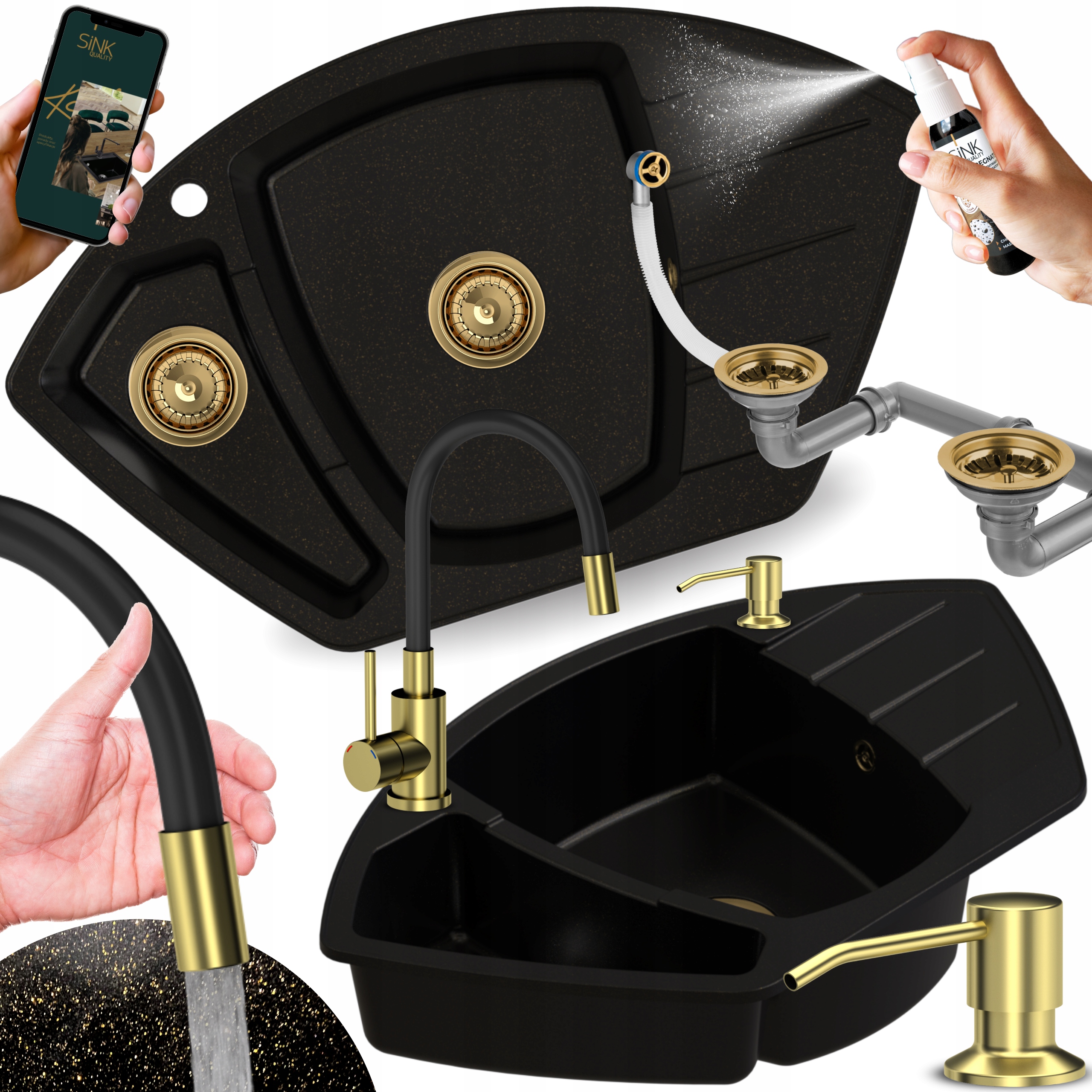 Dřez rohový dřez s odkapávačem, půlkruhový, s baterií