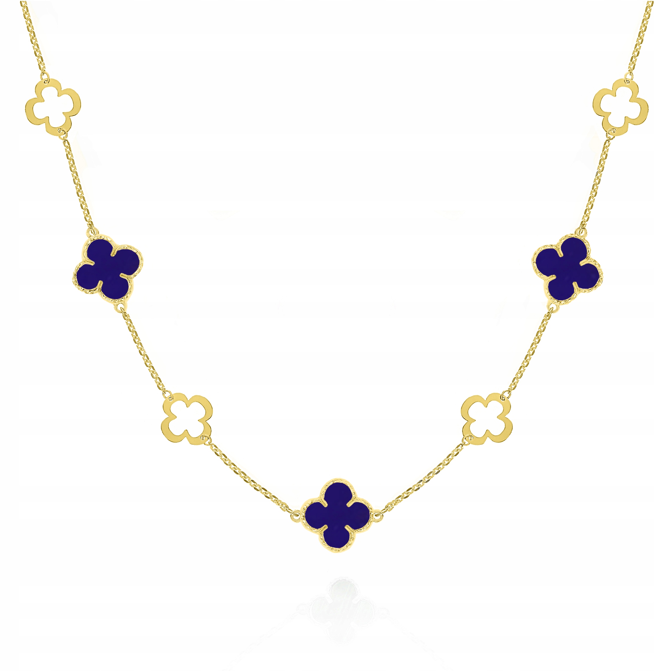 Stříbrný pozlacený náhrdelník choker čtyřlístky lapis lazuli Ag925 45 cm