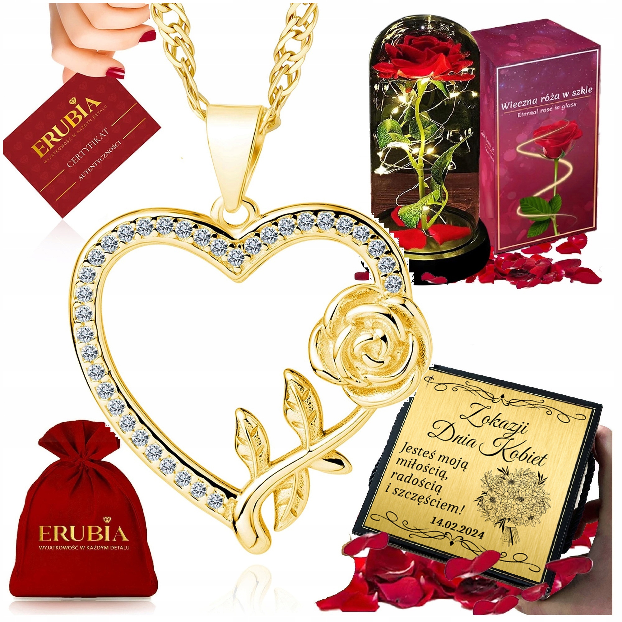 Zlatý Řetízek Srdce 925 Řetízek Přívěsek Věčná Růže Sada Dárek
