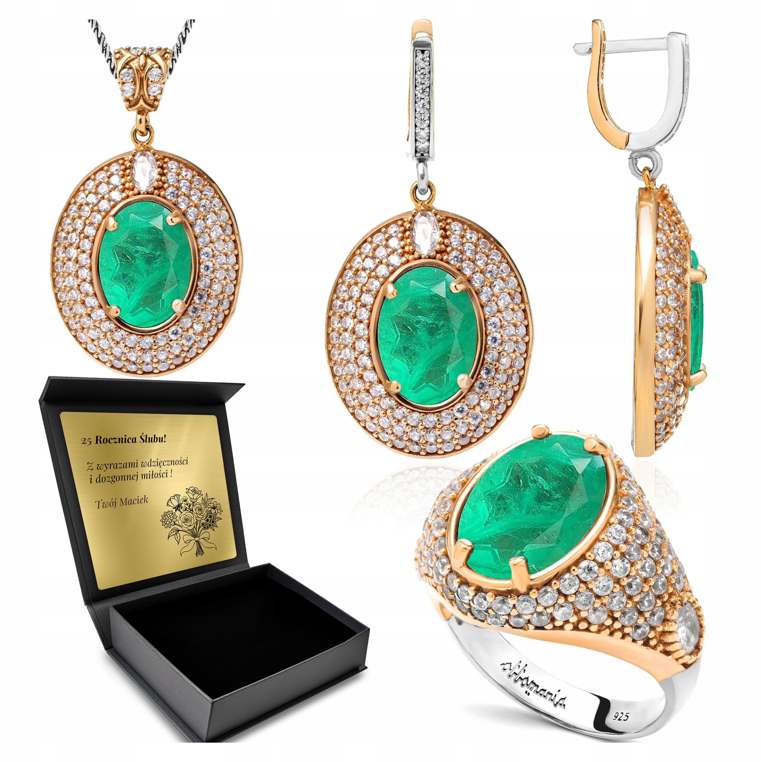 Sada Stříbrných Šperků 925 Zirkony Turmalín Sada Pro Ženu Gravírování