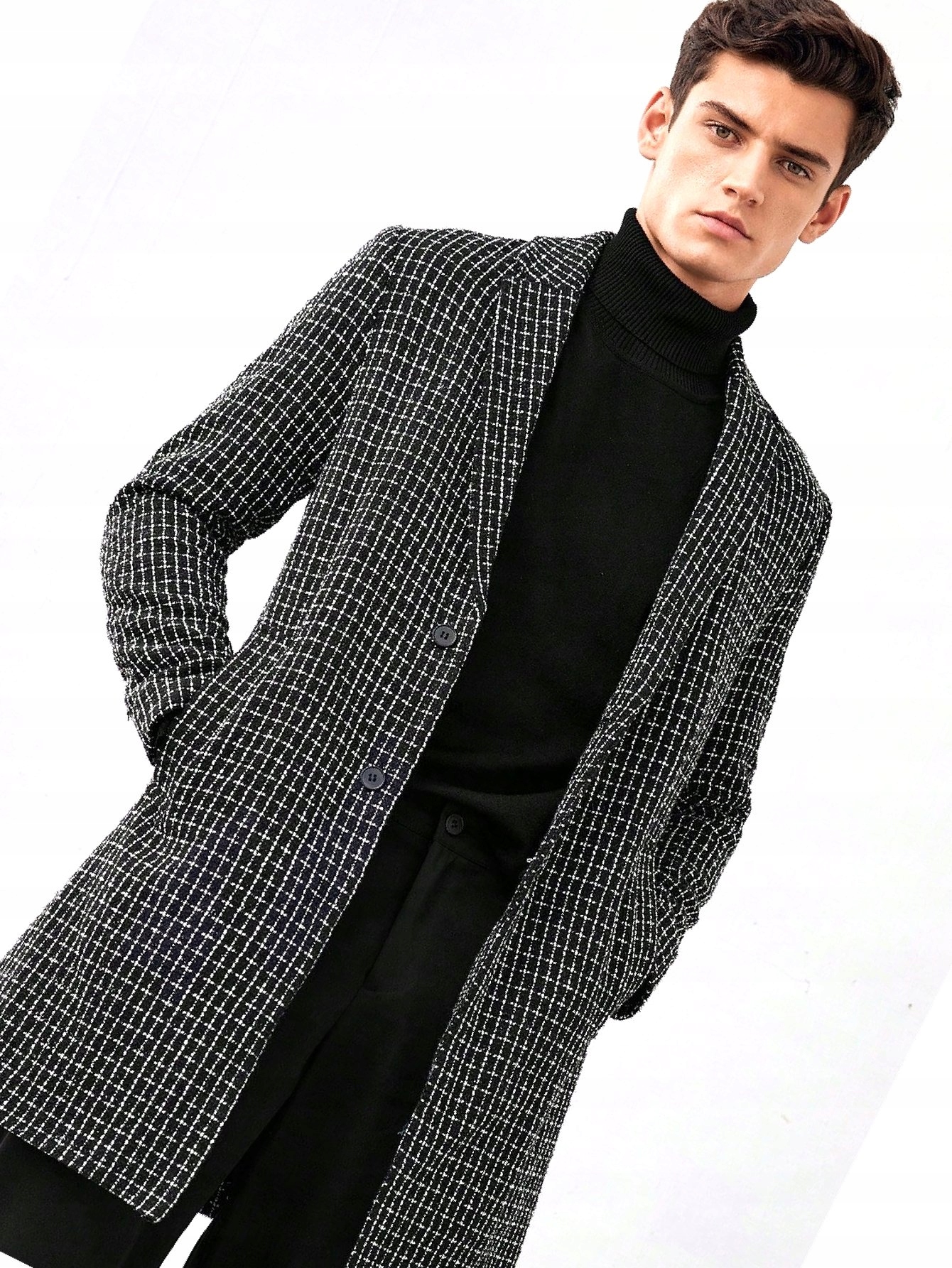 Pánský černo-bílý kabát s výstupní mřížkou, Tvídový, velikost L