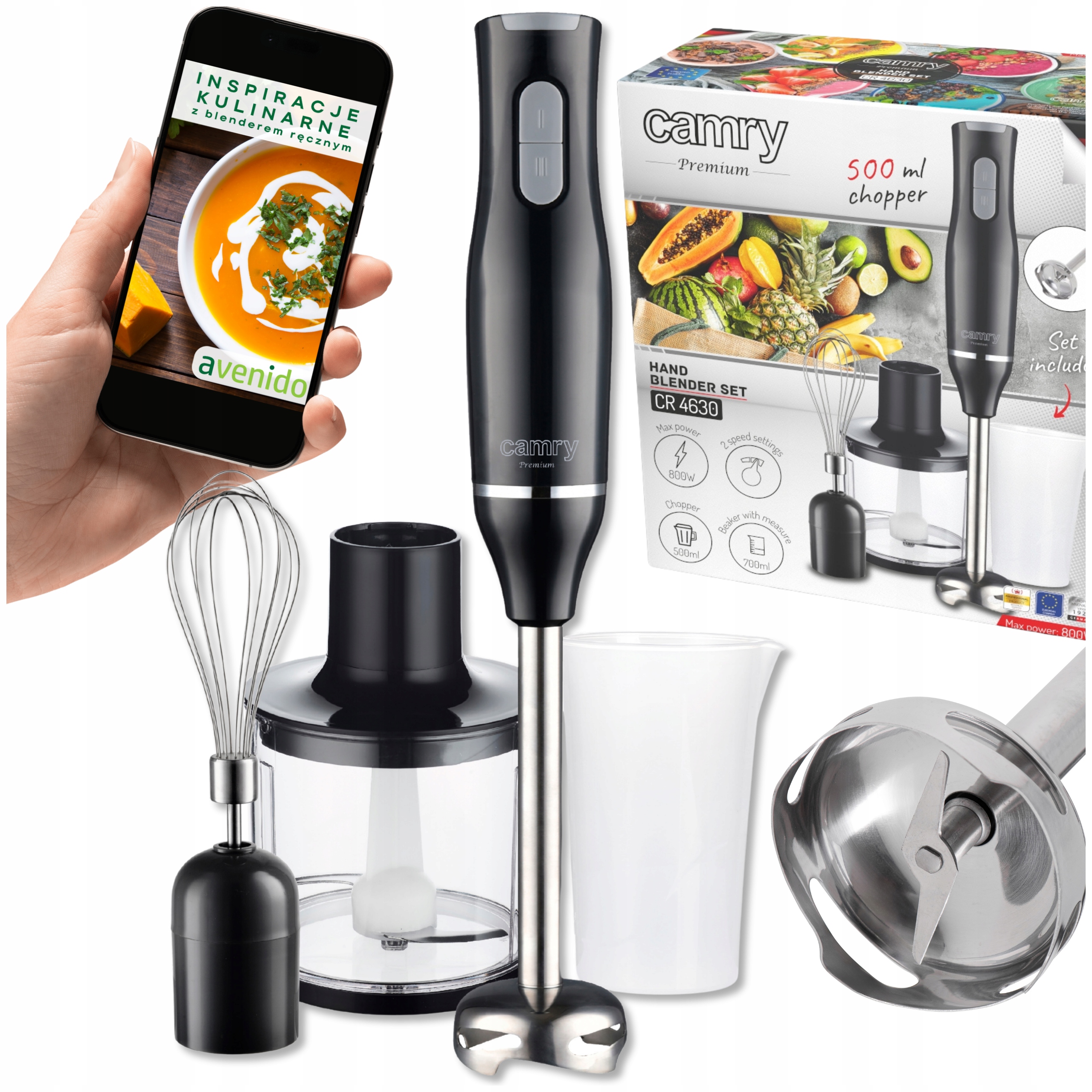 Blender ręczny Zestaw rozdrabniacz ubijaczka Miarka 700ml Camry Cr 4630