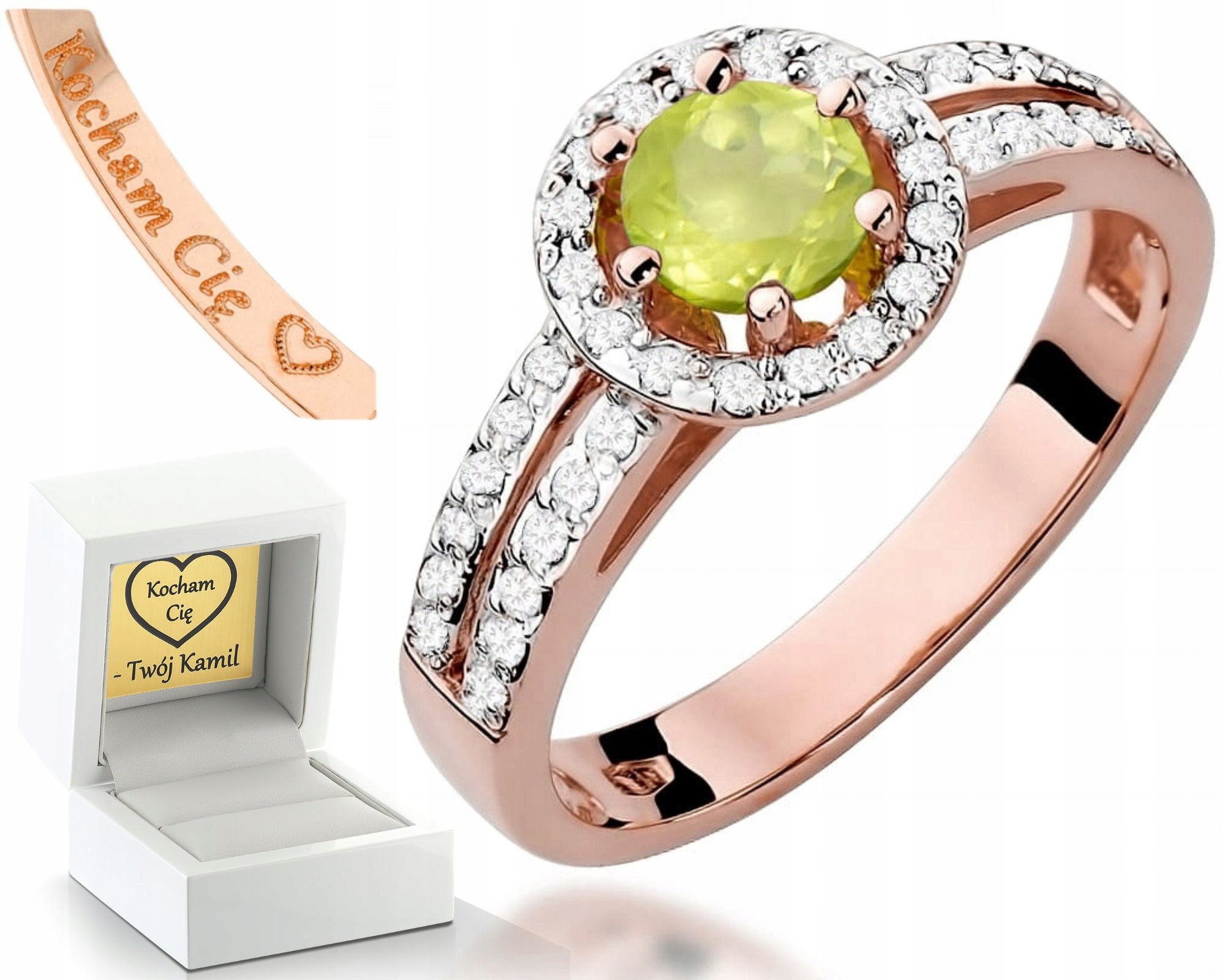 Zásnubní Prstýnek S Peridotem A Diamanty Gravírování Zlato 585 Gravírování Bonus