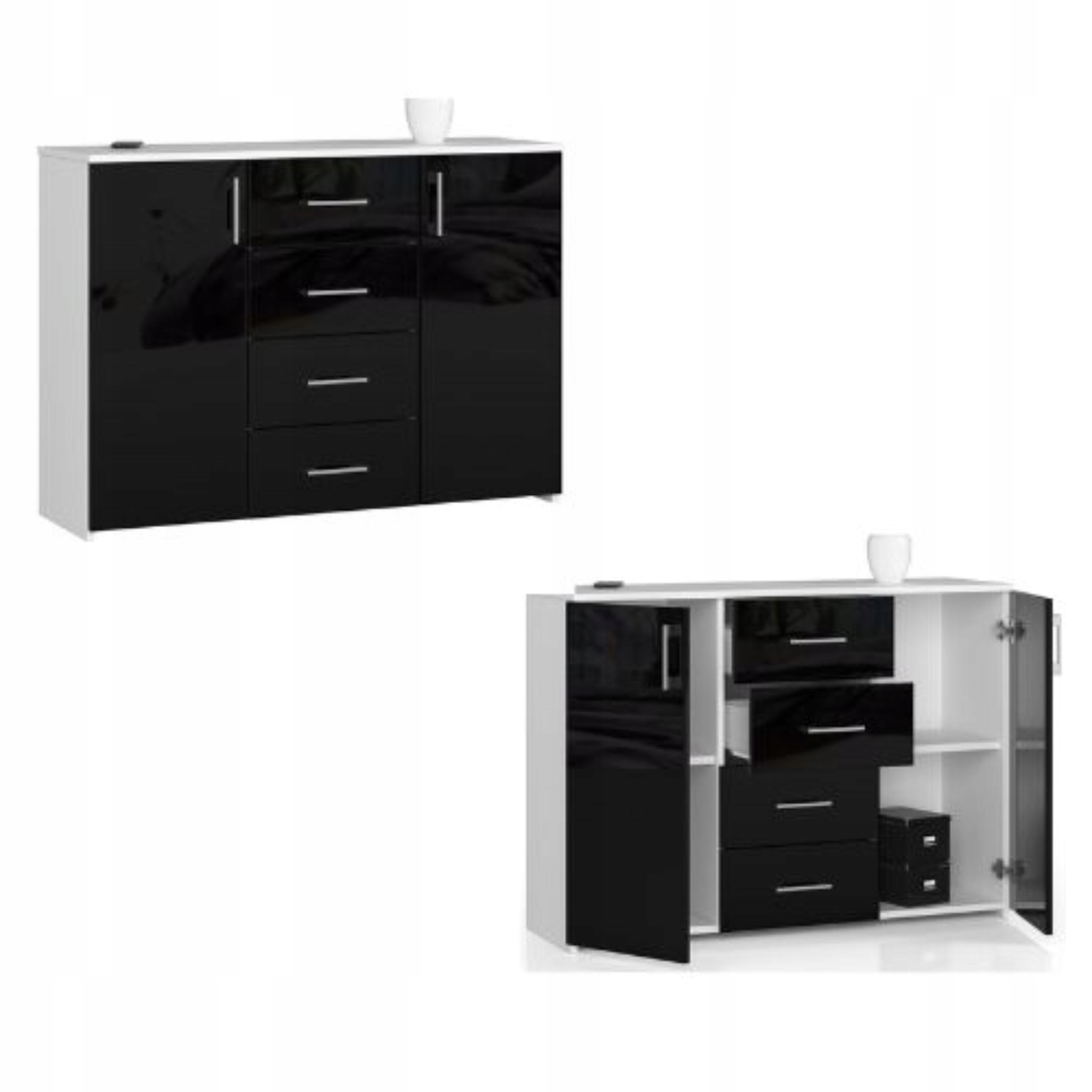 Komoda, skrinka K45 110 cm, 4 zásuvky, biela/čierny lesk Akd