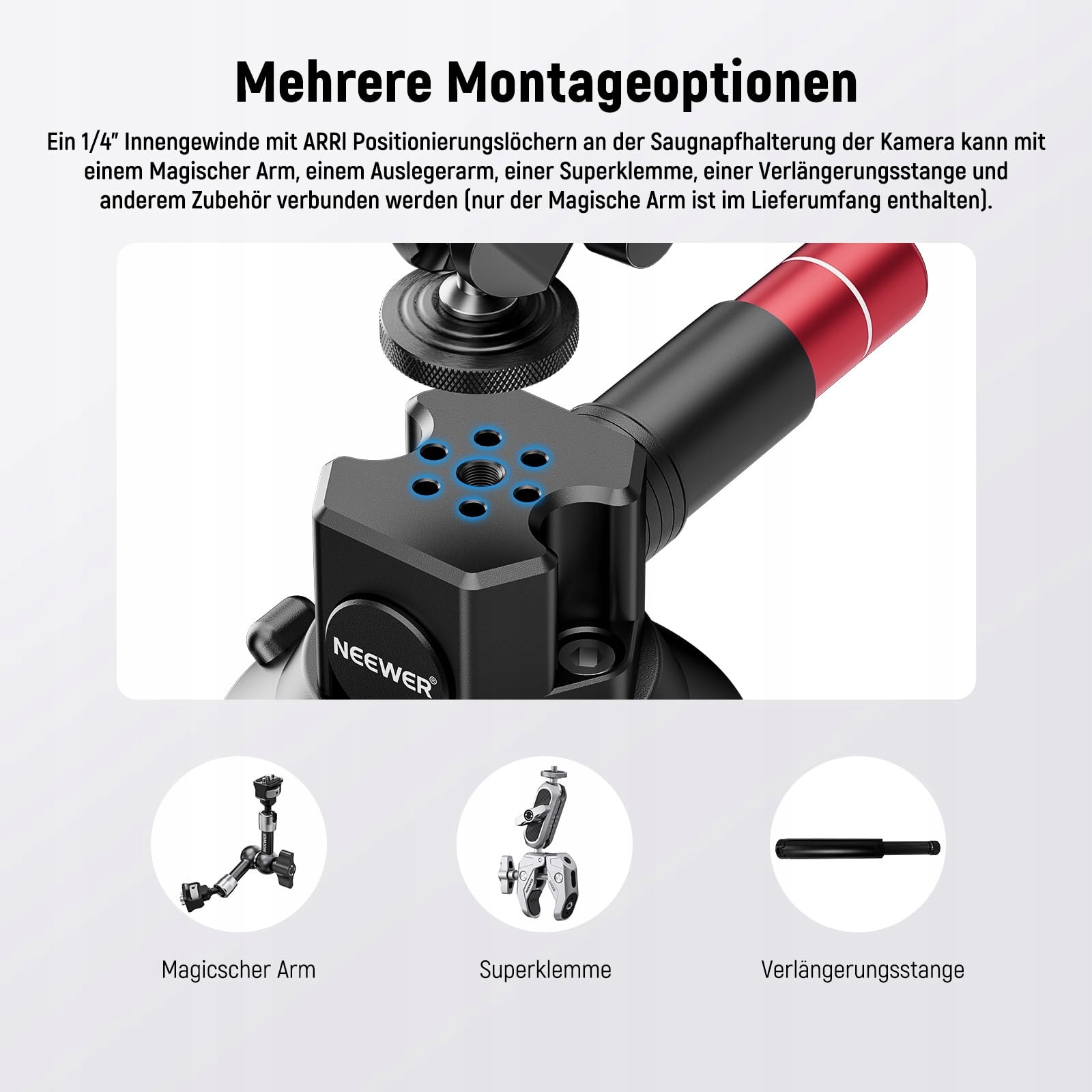 NEEWER Uchwyt Kamery 3" Z Przyssawką Magic Arm i Adapterem GoPro — miniatura 6