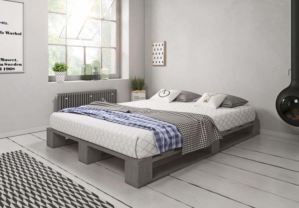 Łóżko Drewniane Szare 220x200 Paletowe Loft Dwuosobowe Wytrzymałe