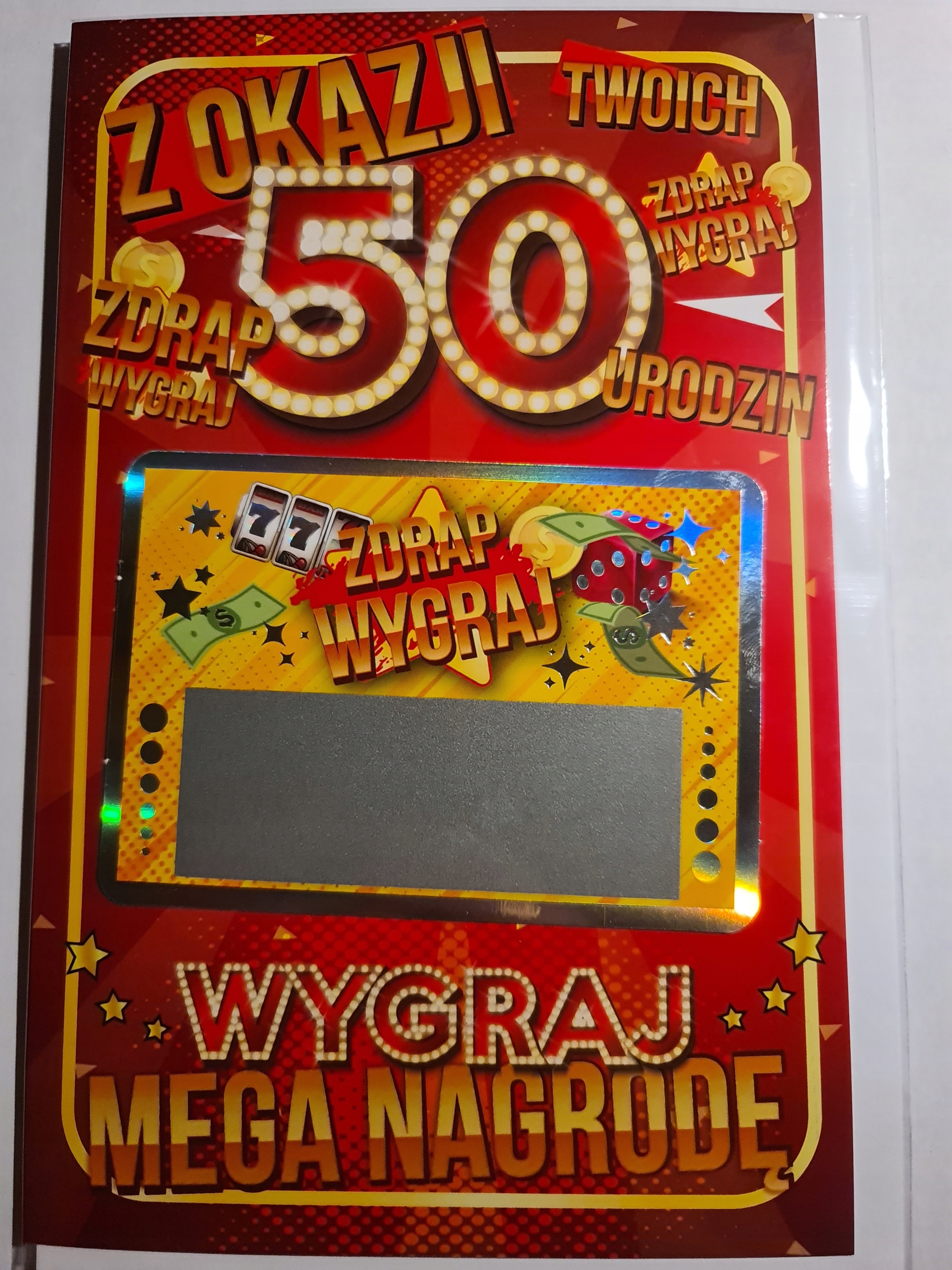 

kartka urodzinowa na 50 lat z dołączoną zdrapką