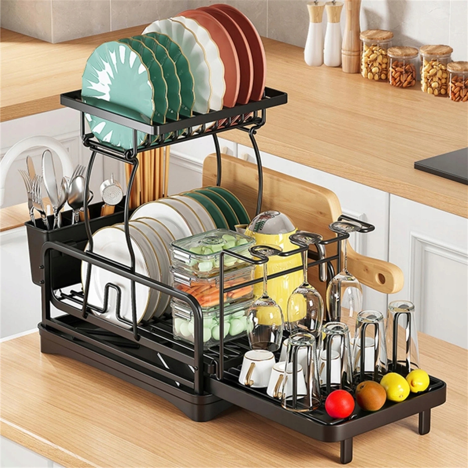 Dvouúrovňová Sušička Na Nádobí S Poličkou Na Paličky A Výsuvným Stojanem