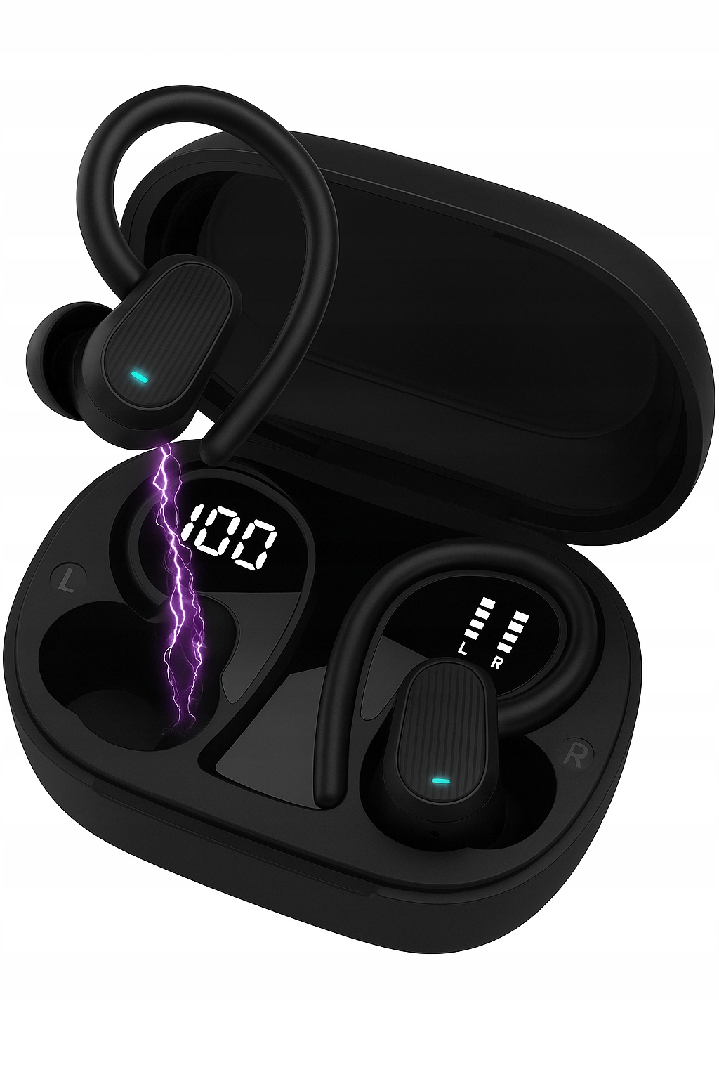 Bezdrátová sluchátka s dotykovým Led do uší a háčky, černá, 8 hodin hovoru