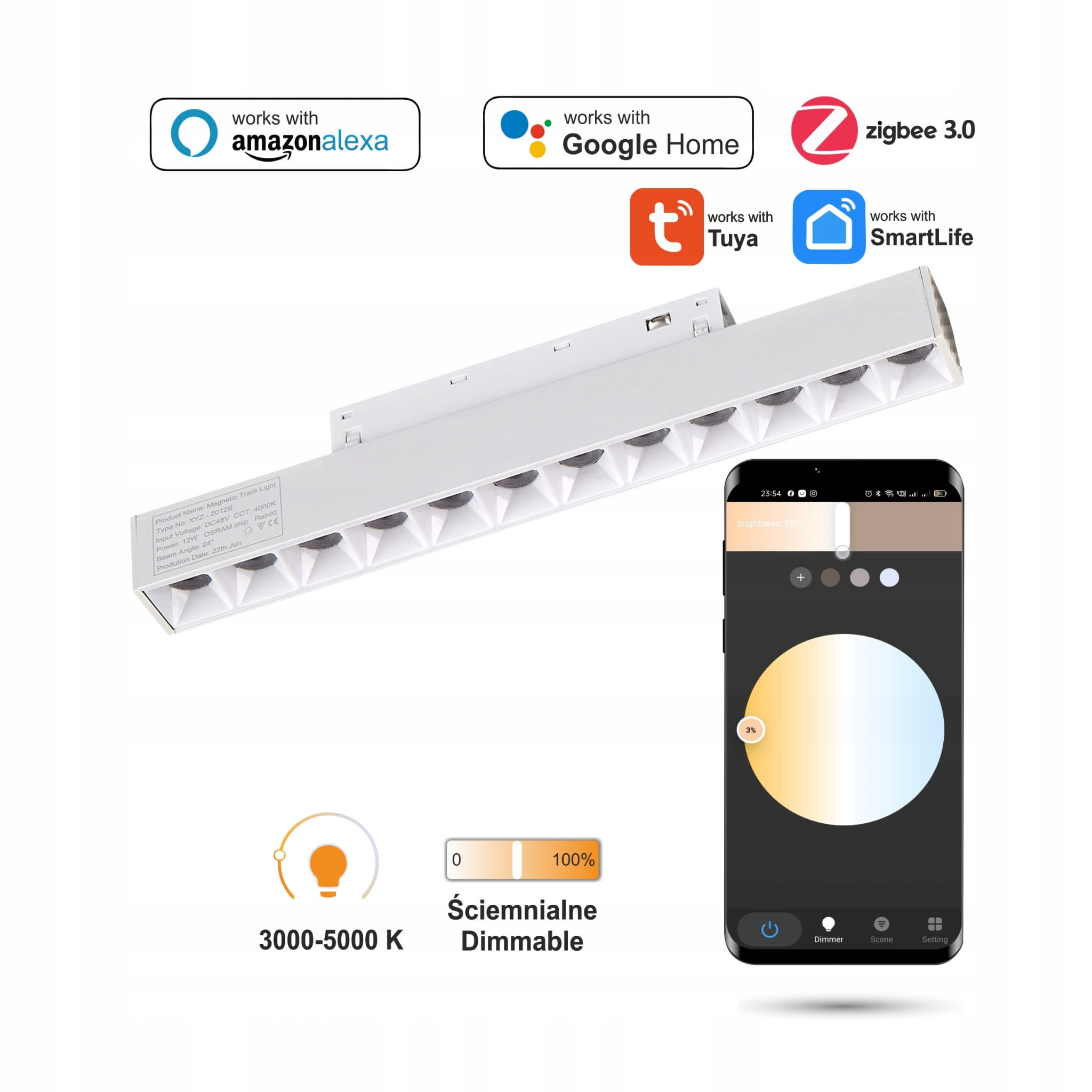 Lineárny reflektor Biely Led Zigbee Gril 12W pre koľajnice Smart Track 48VDC