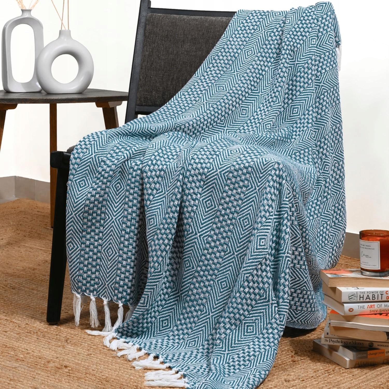 Bavlněná deka, na výzdobu obývacího pokoje, 127 cm x 152,4 cm, zeleno-modrá