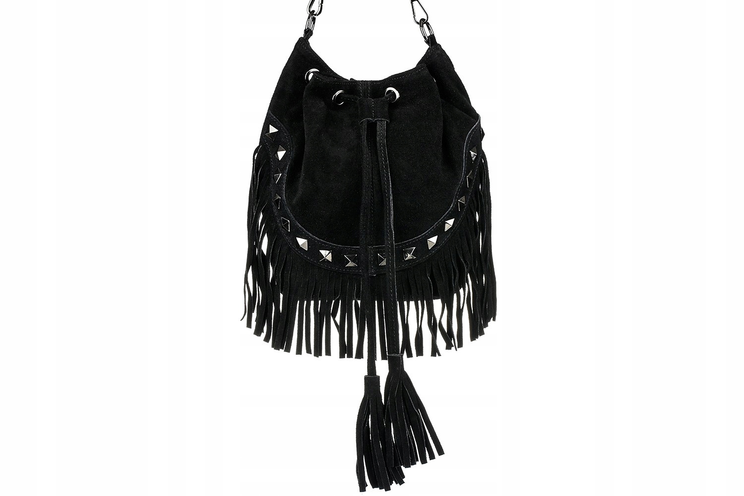 

Damska Torebka Worek skórzana frędzle czarna retro