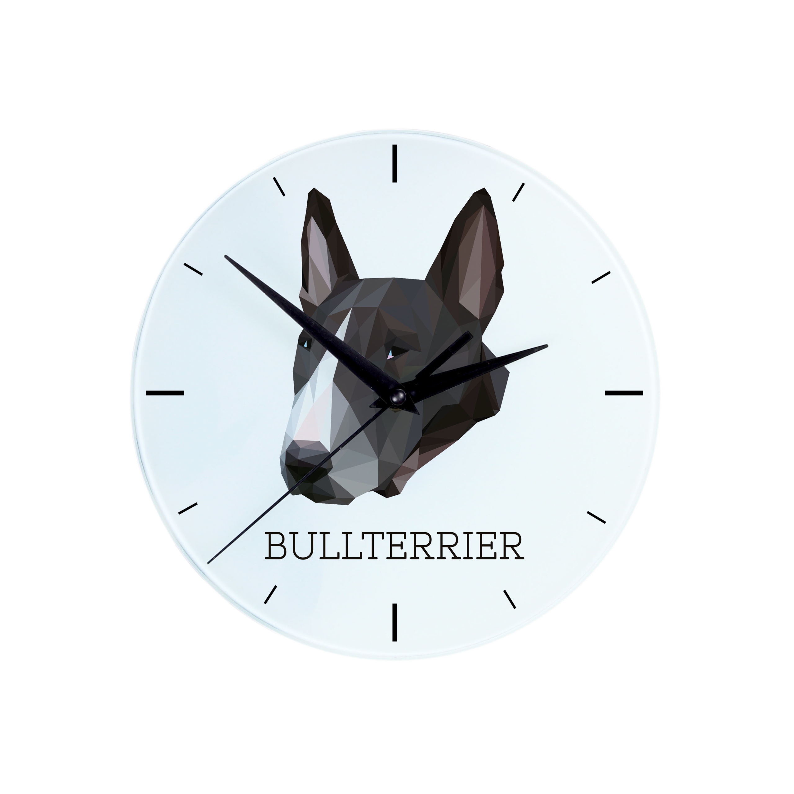 Bulteriér Bull Terrier skleněné závěsné nástěnné hodiny s geometrickým psem