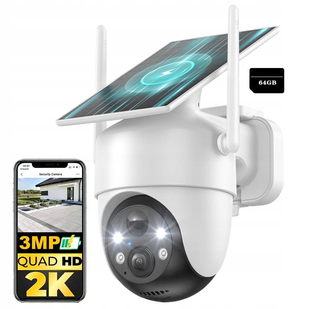2K Venkovní monitorovací kamera s akumulátorem, bezdrátová, 64G karta