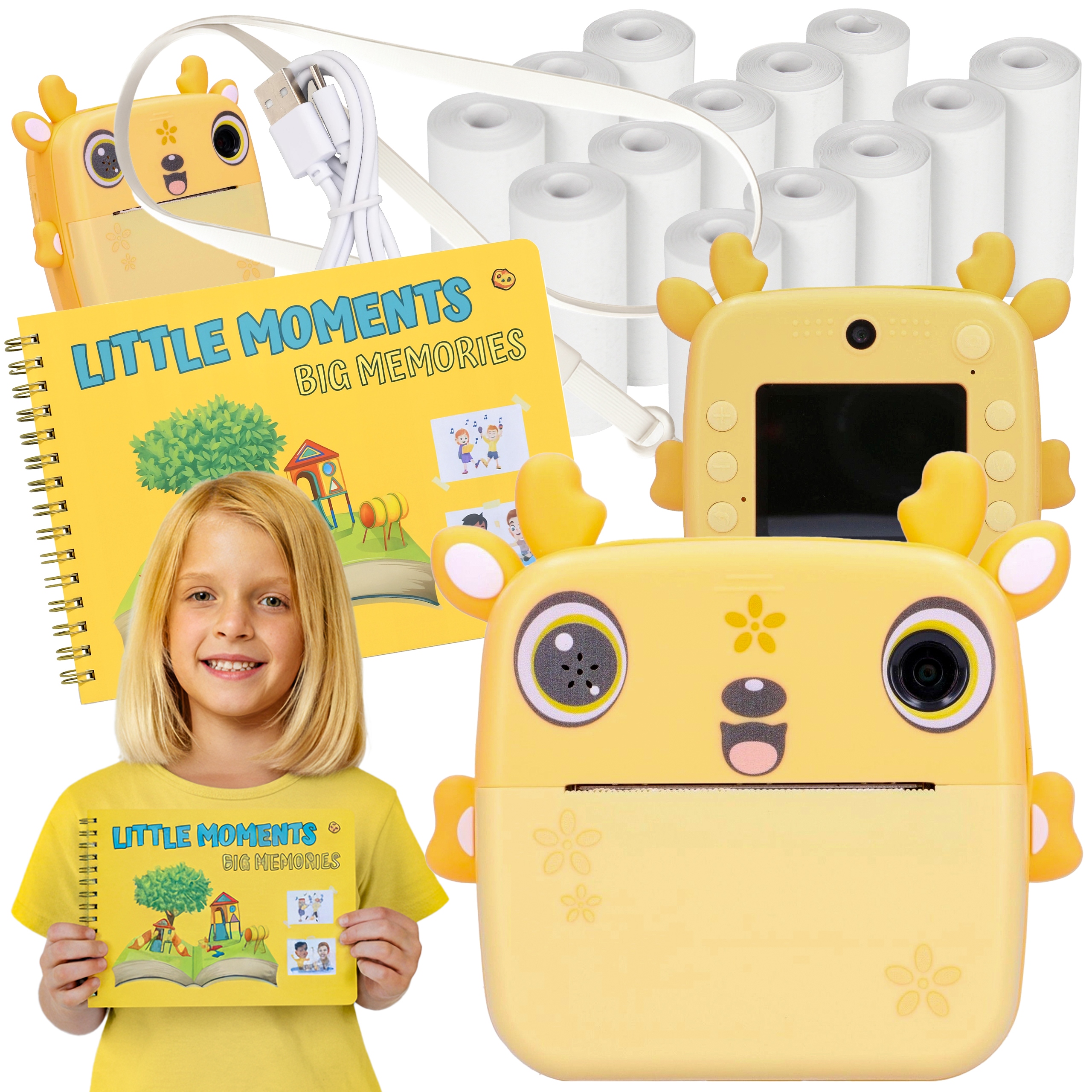 Drukuś 2.0 Jelonek żółty aparat dla dzieci +Album do zdjęć+13 rolek papieru