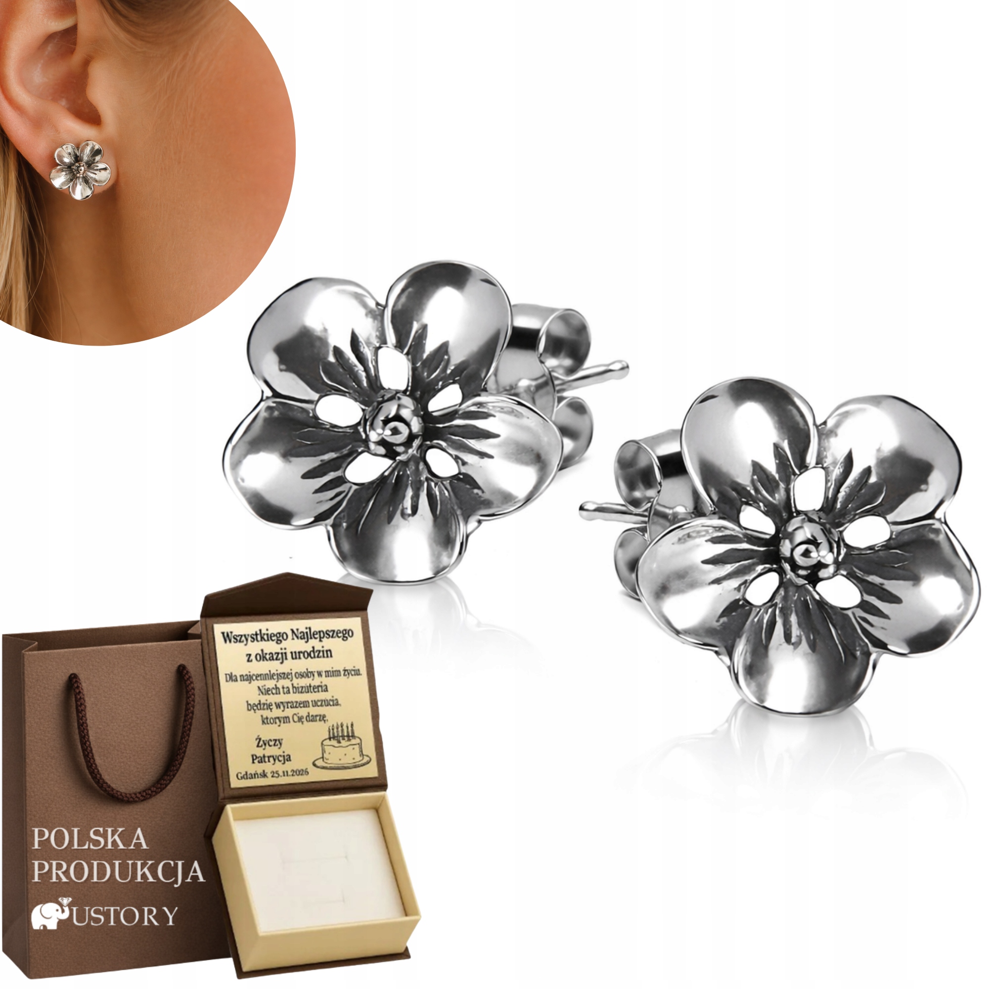 Stříbrné Náušnice Květy Oxidované Stříbro 925 Květiny Tyčinka Dárek Gravírování