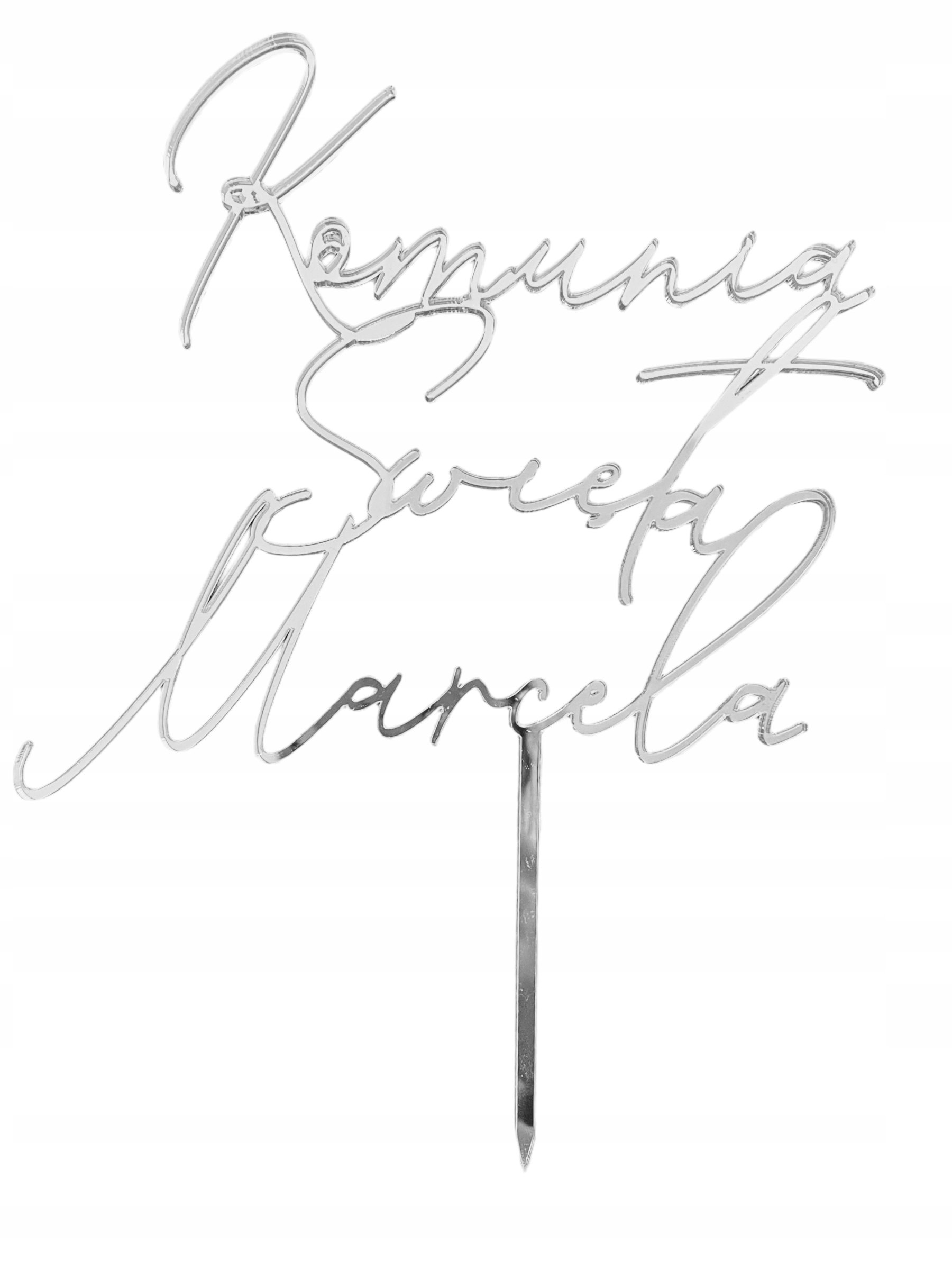 TOPPER NA TORT PIERWSZA KOMUNIA ŚWIETA KOMUNIJNY IMIĘ NAPIS srebrne LUSTRO Marka Kapart