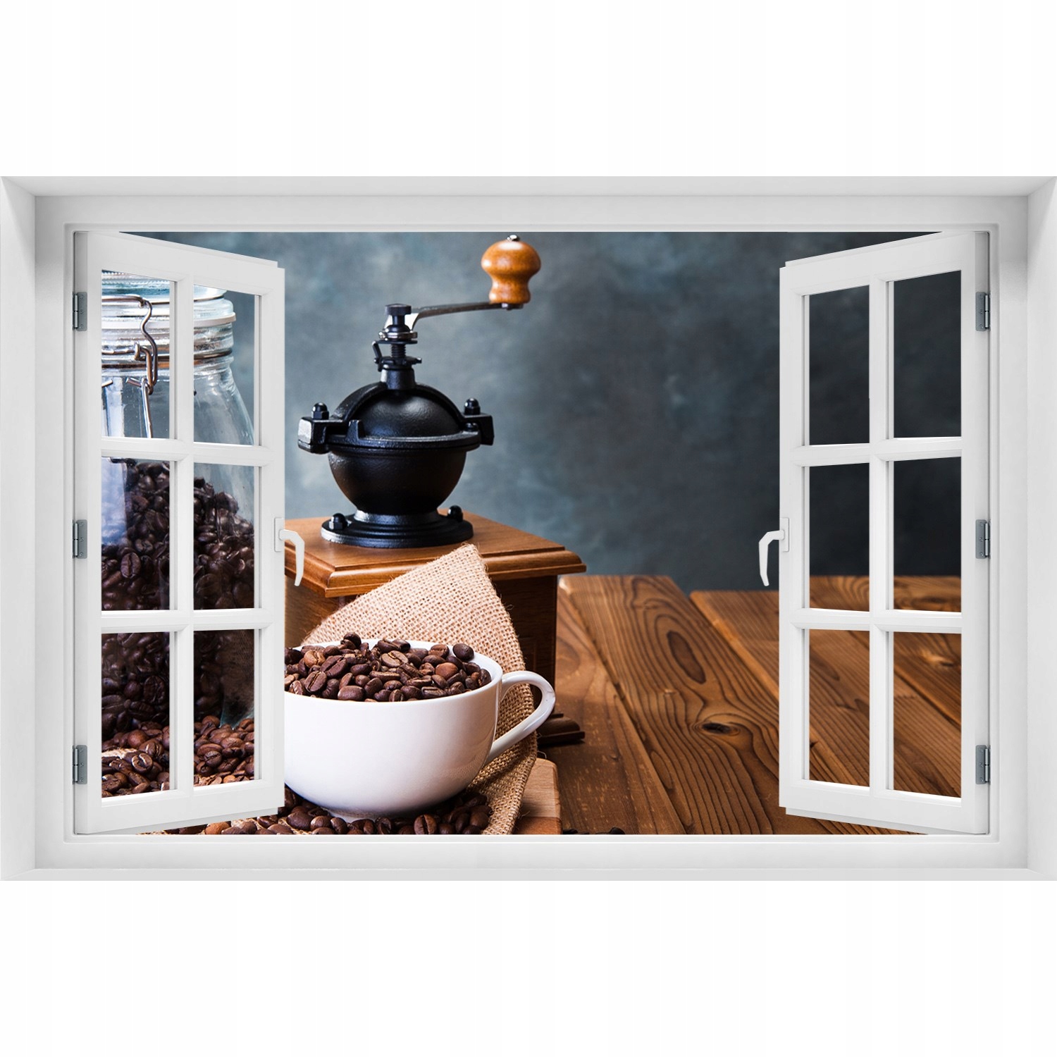 

3D Okno Naklejka na ścianę Młynek do kawy 90x60
