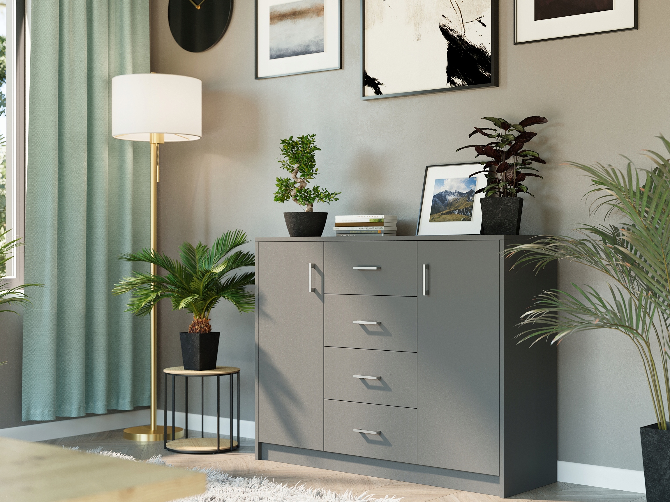 KOMODA 110CM SZAFKA 4 SZUFLADY 2 PÓŁKI Antracyt U1