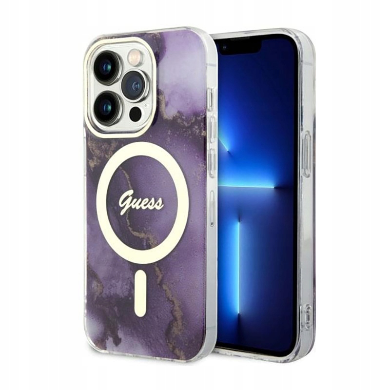 Guess Golden Marble MagSafe – Pouzdro pro iPhone 14 Pro (fialová barva)