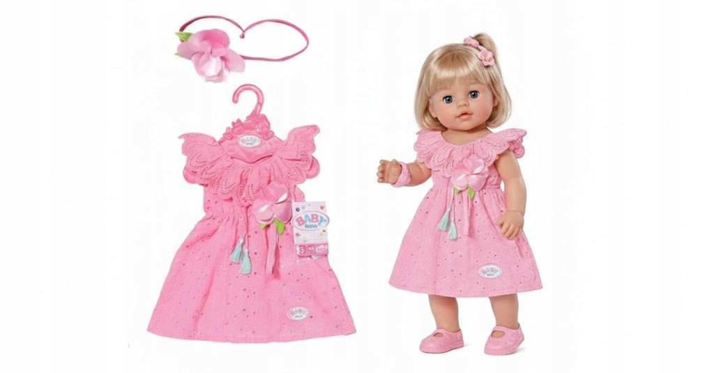 Sukienka dla lalki BABY Born 43 cM Plus Opaska Różowa Elegancki Zestaw