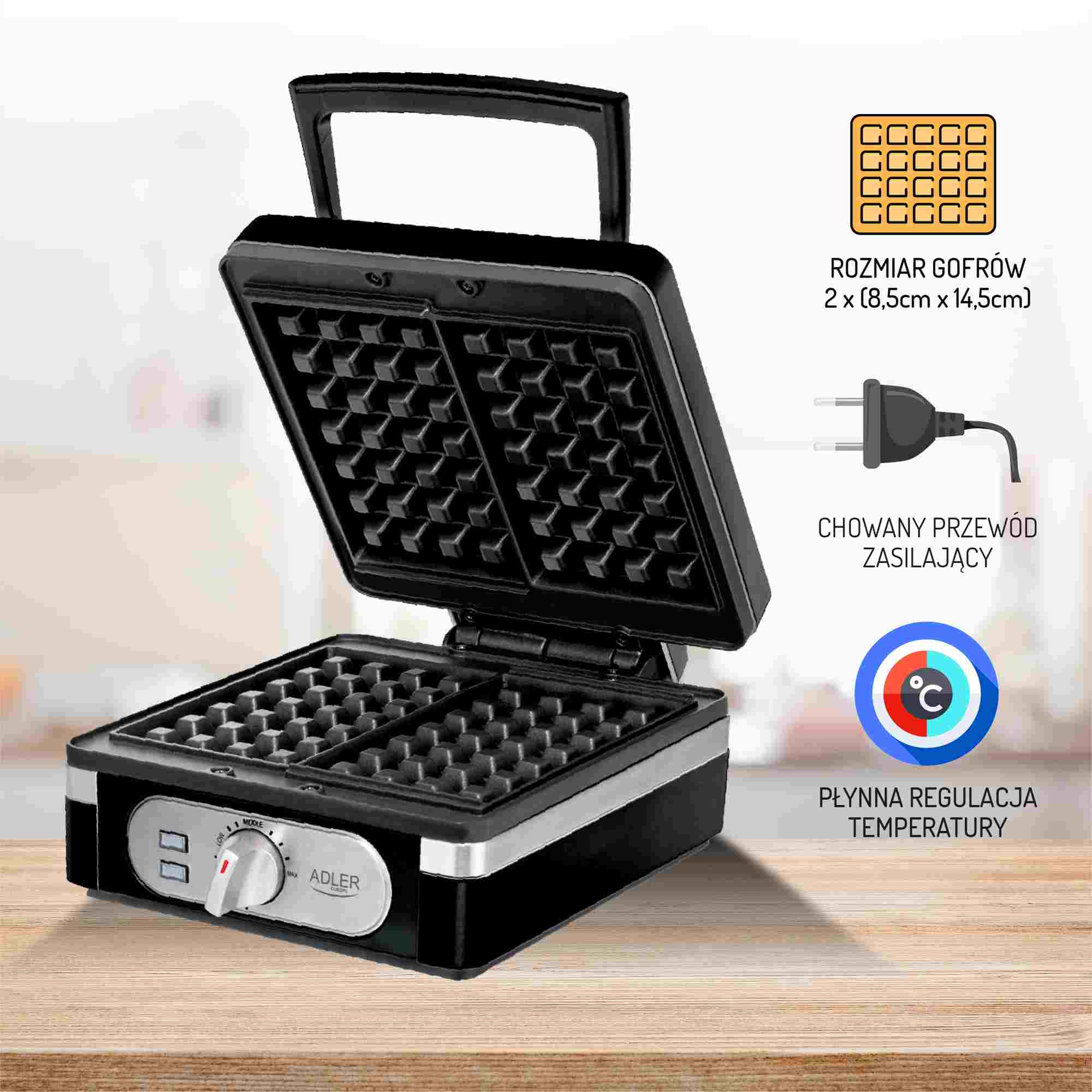 Gofrownica ADLER Mocna Na 2 Duże Chrupiące Gofry Regulacją Temp 2000 W Kod producenta Gofrownica Na 2 Duże Chrupiące Gofry Czarna