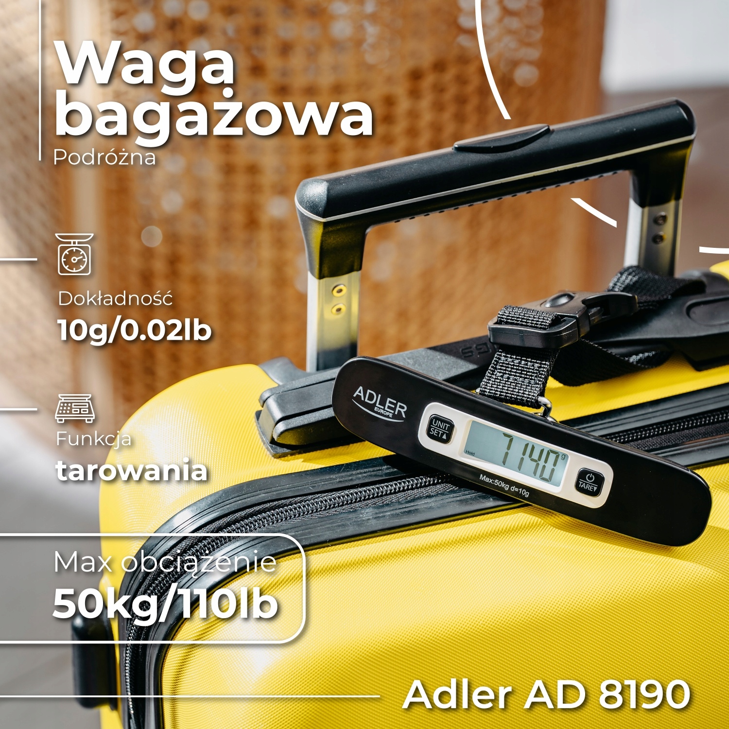 Waga Bagażowa Podróżna Adler AD 8190 50kg LCD Funkcja Tarowania