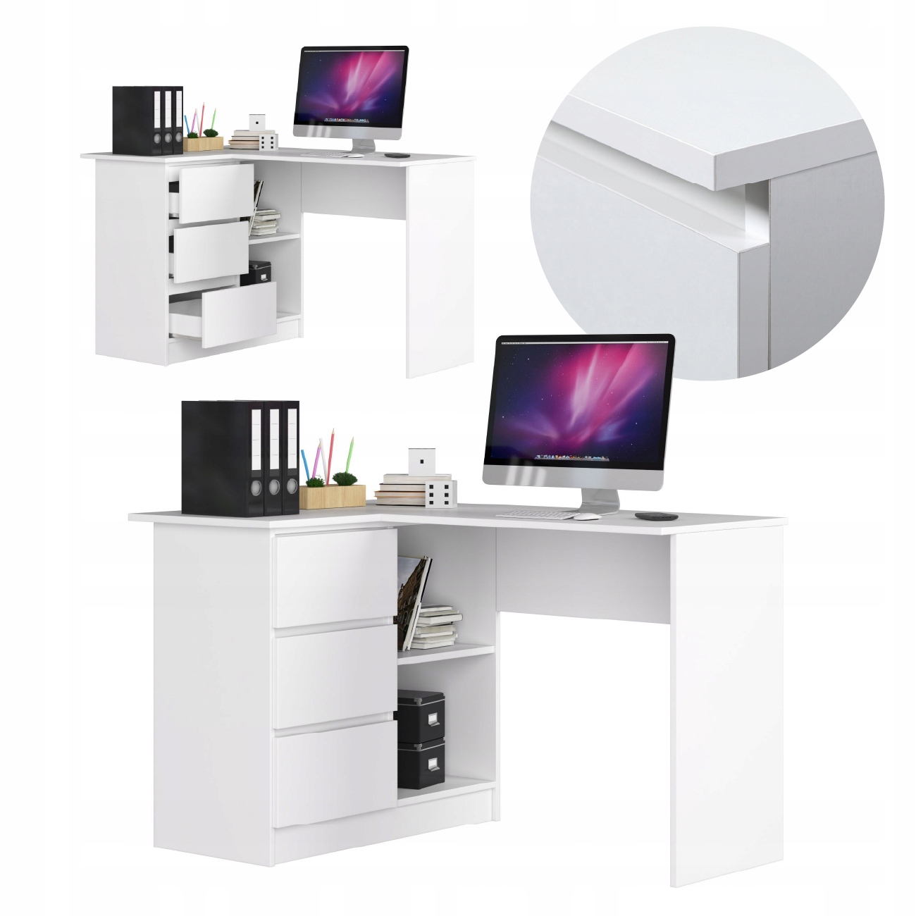 Biurko narożne B16 lewe białe 3 szuflady 124 cm AKD