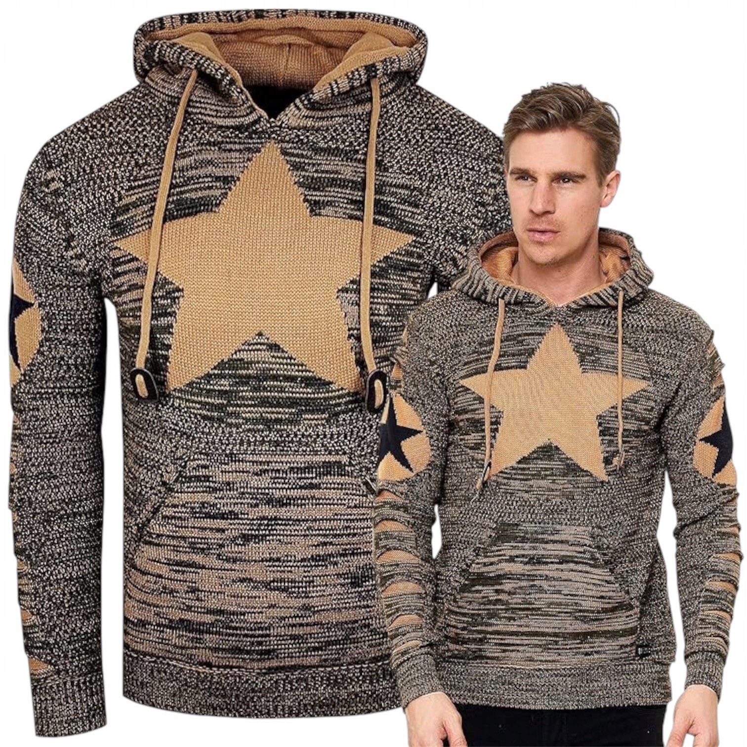 Pánský svetr s kapucí Klokanka Silný Teplý Hvězda Dárek XL