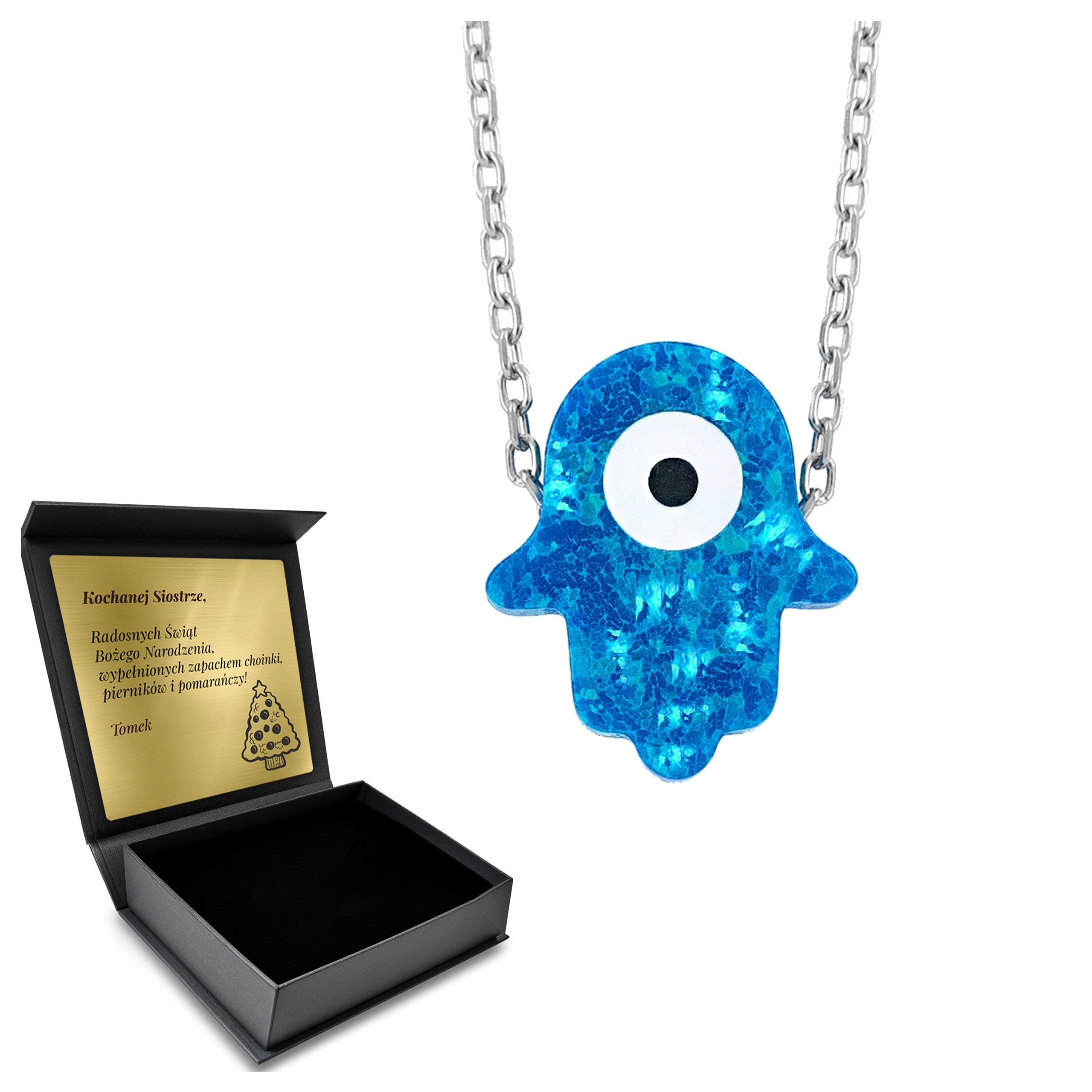 Řetízek Stříbrný náhrdelník Oko proroka Hamsa Turecký Talisman Gravírování