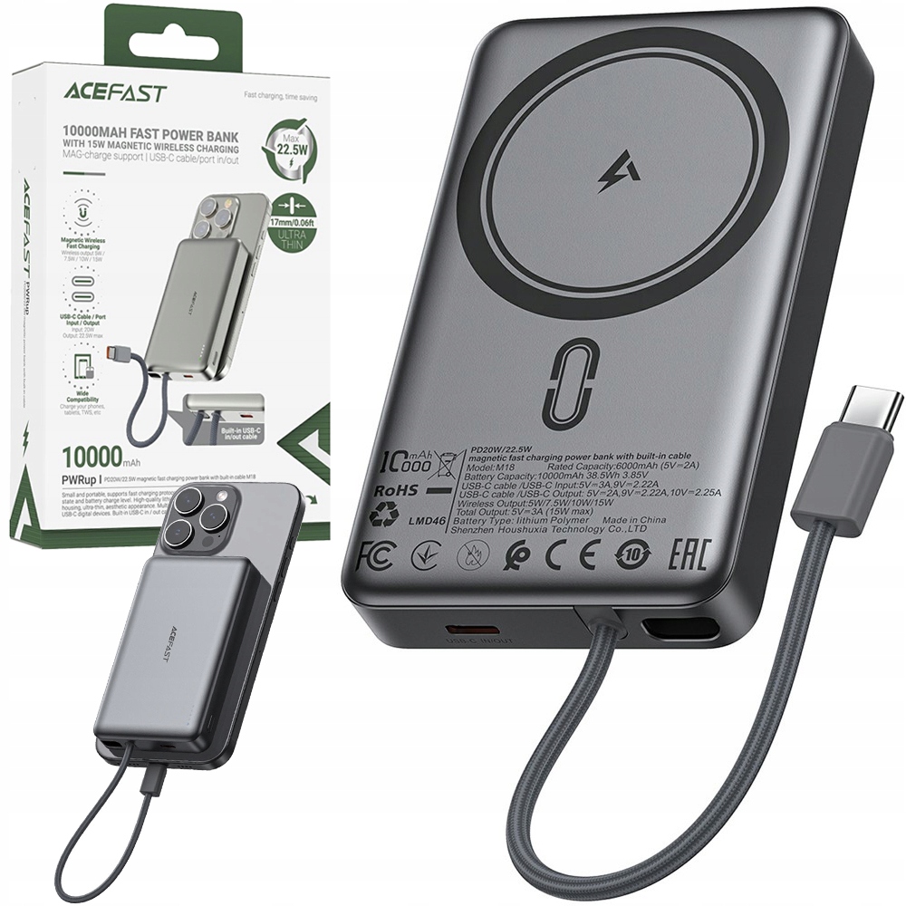 AceFast rychlá powerbanka s bezdrátovým Usb-c kabelem pro MagSafe 10000 mAh