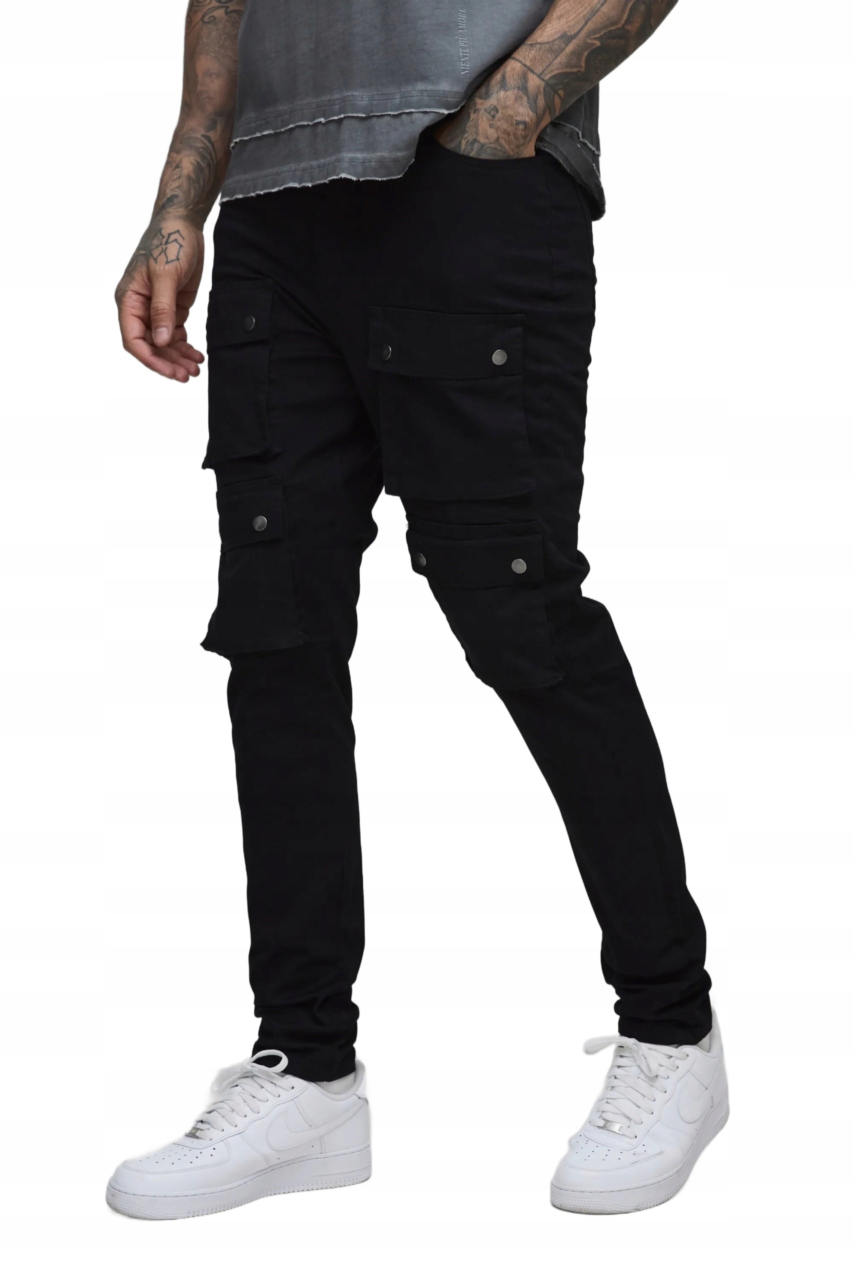 Boohooman Černé Pánské Baggy Kalhoty S Kapsami Na Druky 32 Z3A