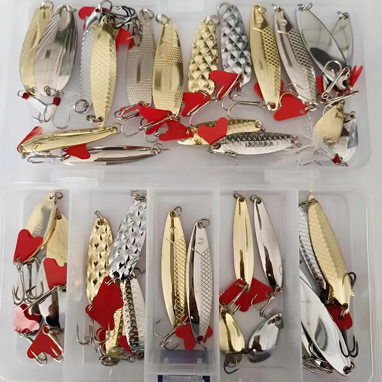 Sada 36 kusů otočných kyvadel pro dravce v krabičce s návnadou pro rybáře