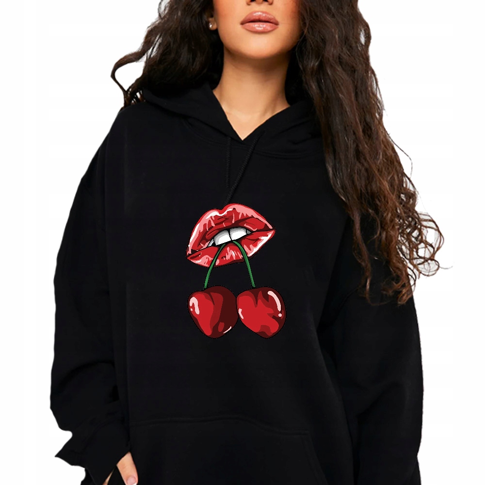 Černá bavlněná ležérní Mikina S Kapucí na zimu, módní Cherry Lips, Vel XXL