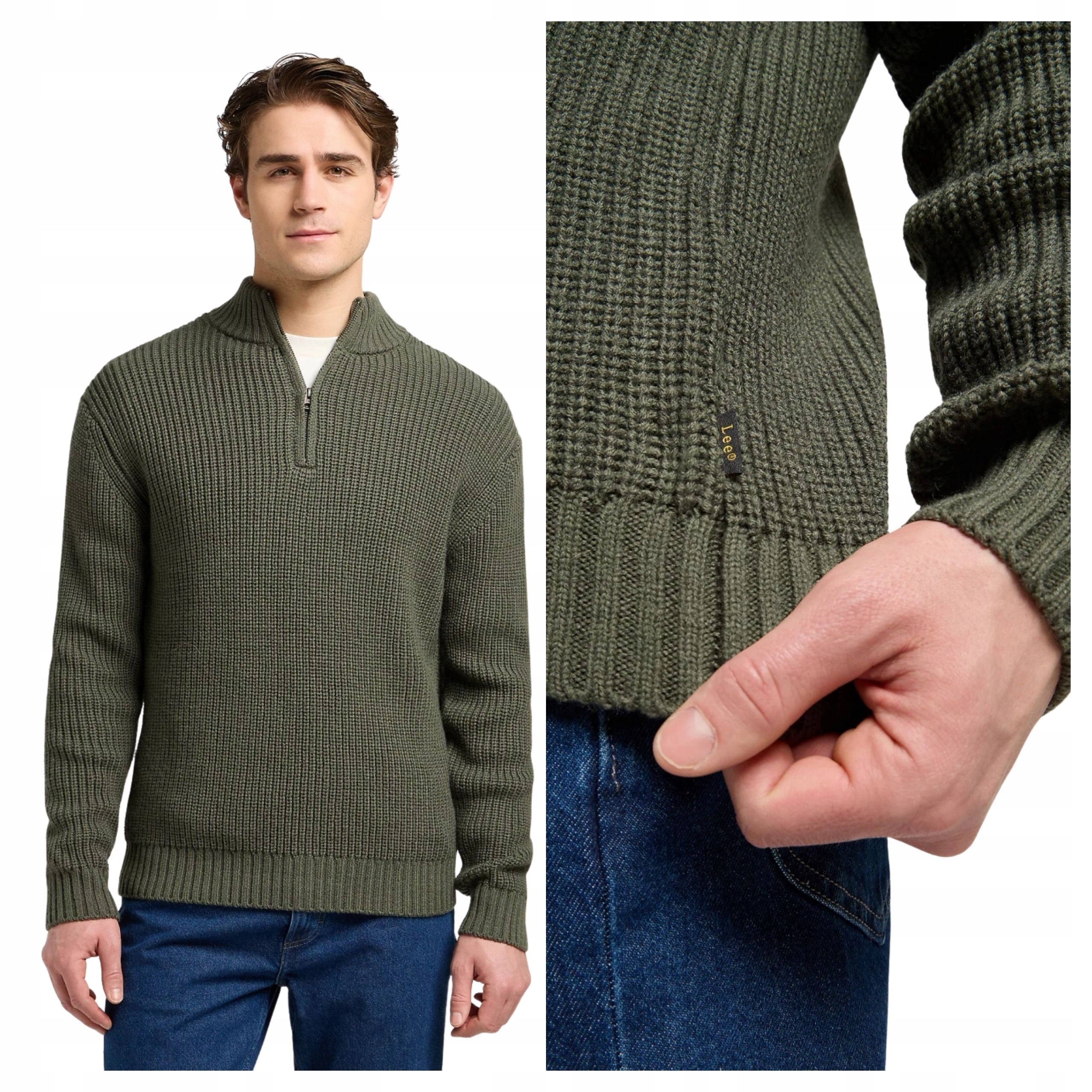 Pánský svetr Lee Half Zip Olivově šedý Klasický Bavlněný XL