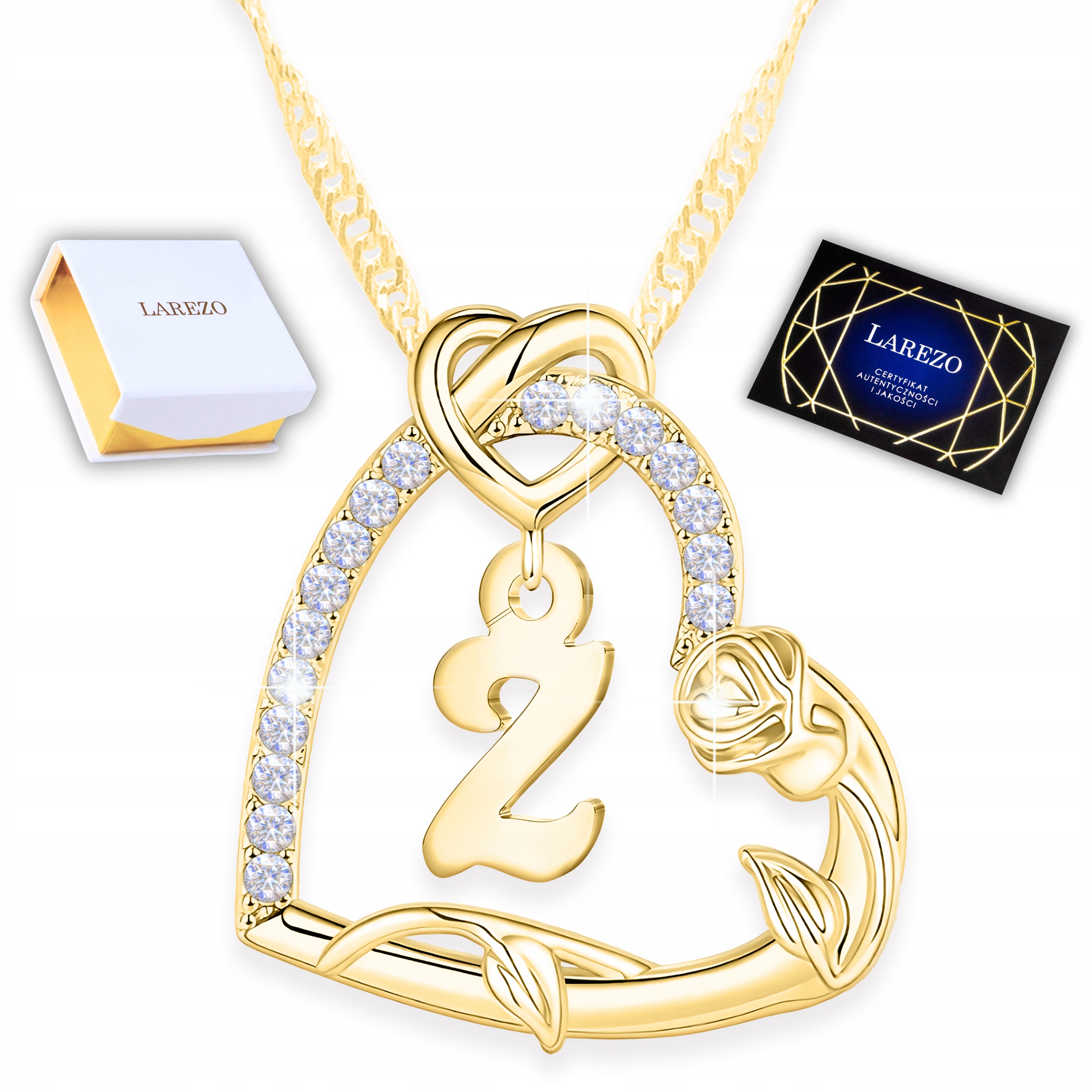 Zlatý náhrdelník Srdce Růže s písmenem 585 Písmeno Z Bílé Zirkony Stříbro 925